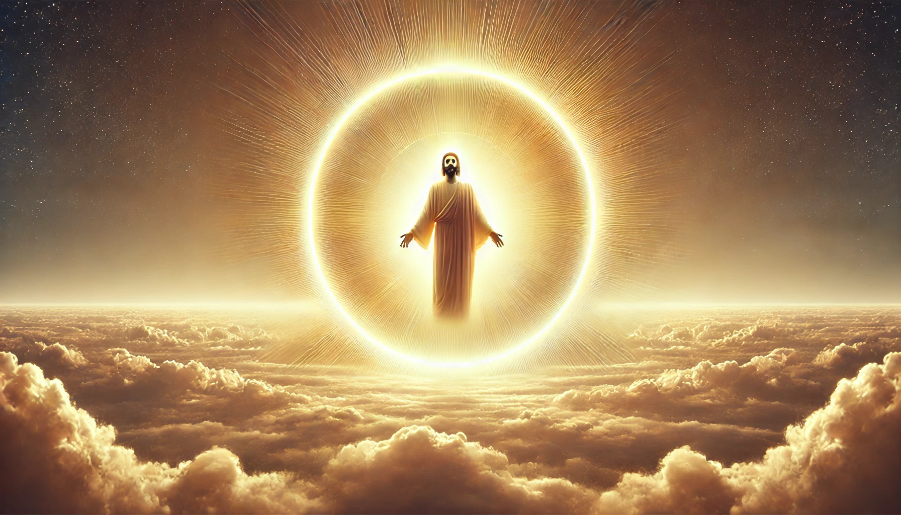 Jesus floating above the clouds within a ring of light.