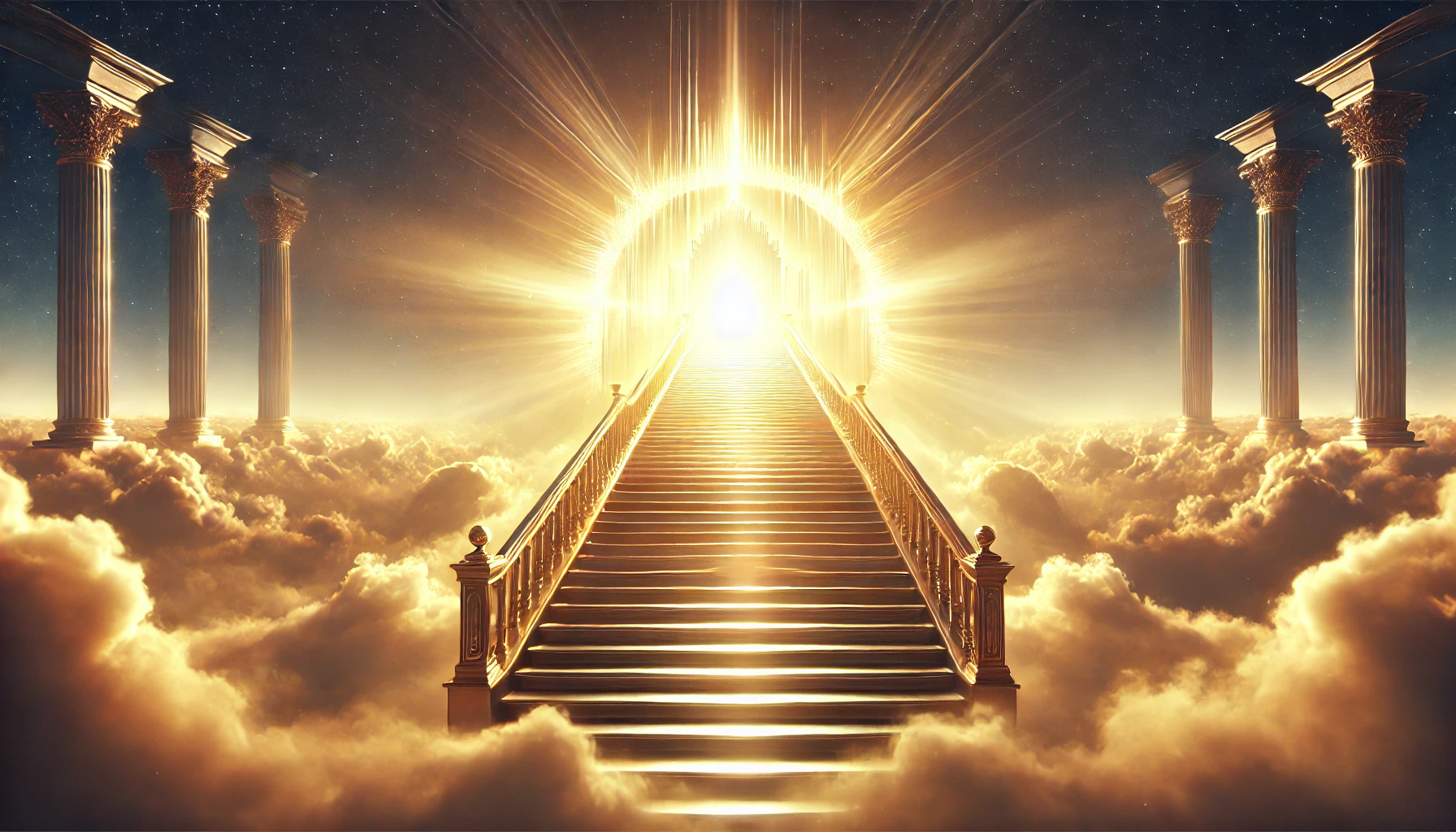 A grand, glowing staircase leading up to a radiant light in the sky.