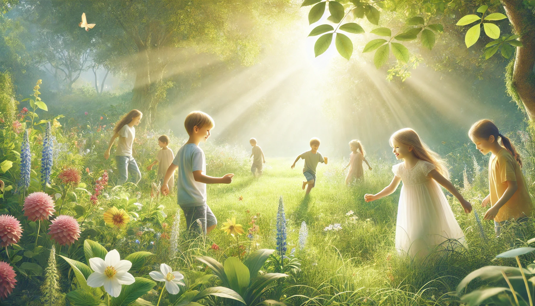 A group of children playing in a meadow, surrounded by soft sunlight and lush greenery.