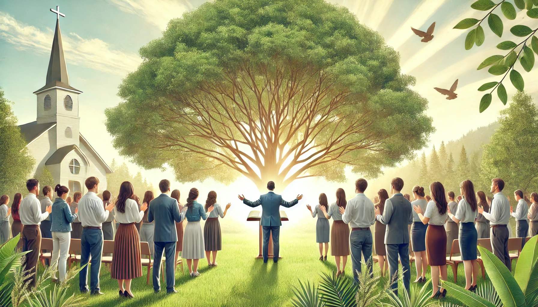 A group of church members gathered in prayer, with a pastor in the center leading them.