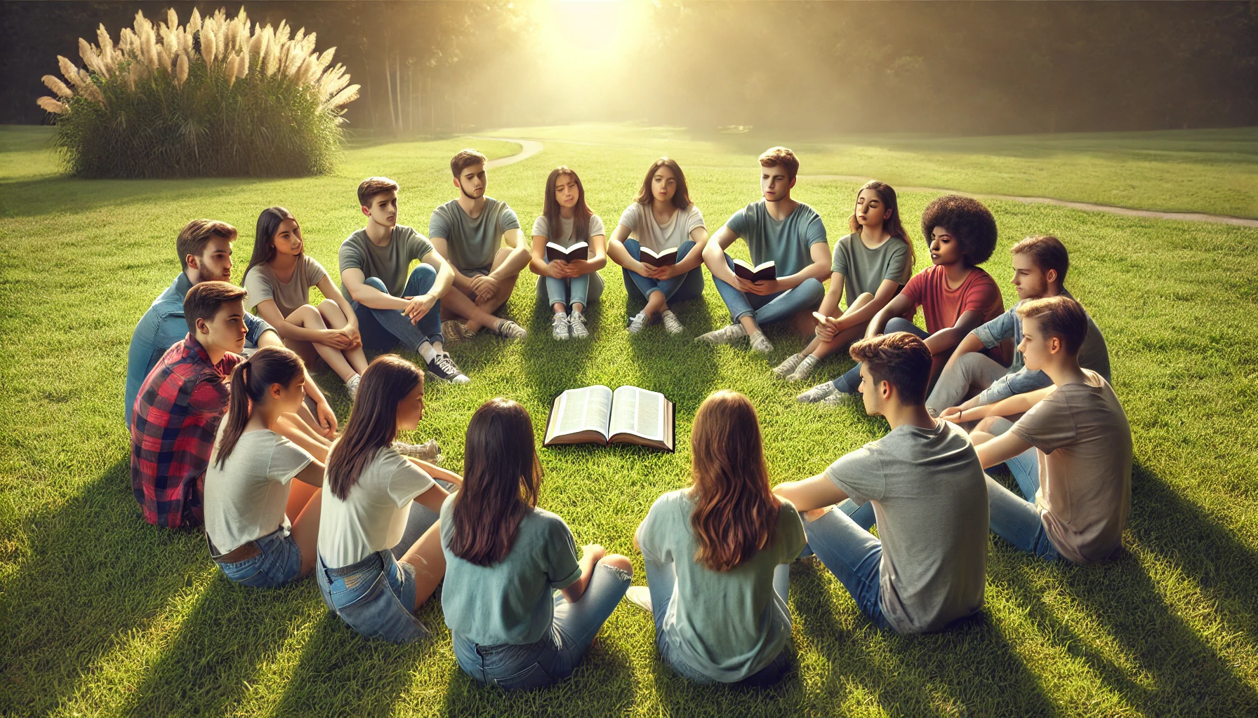 A group of diverse teenagers sitting in a circle on soft grass in a park.