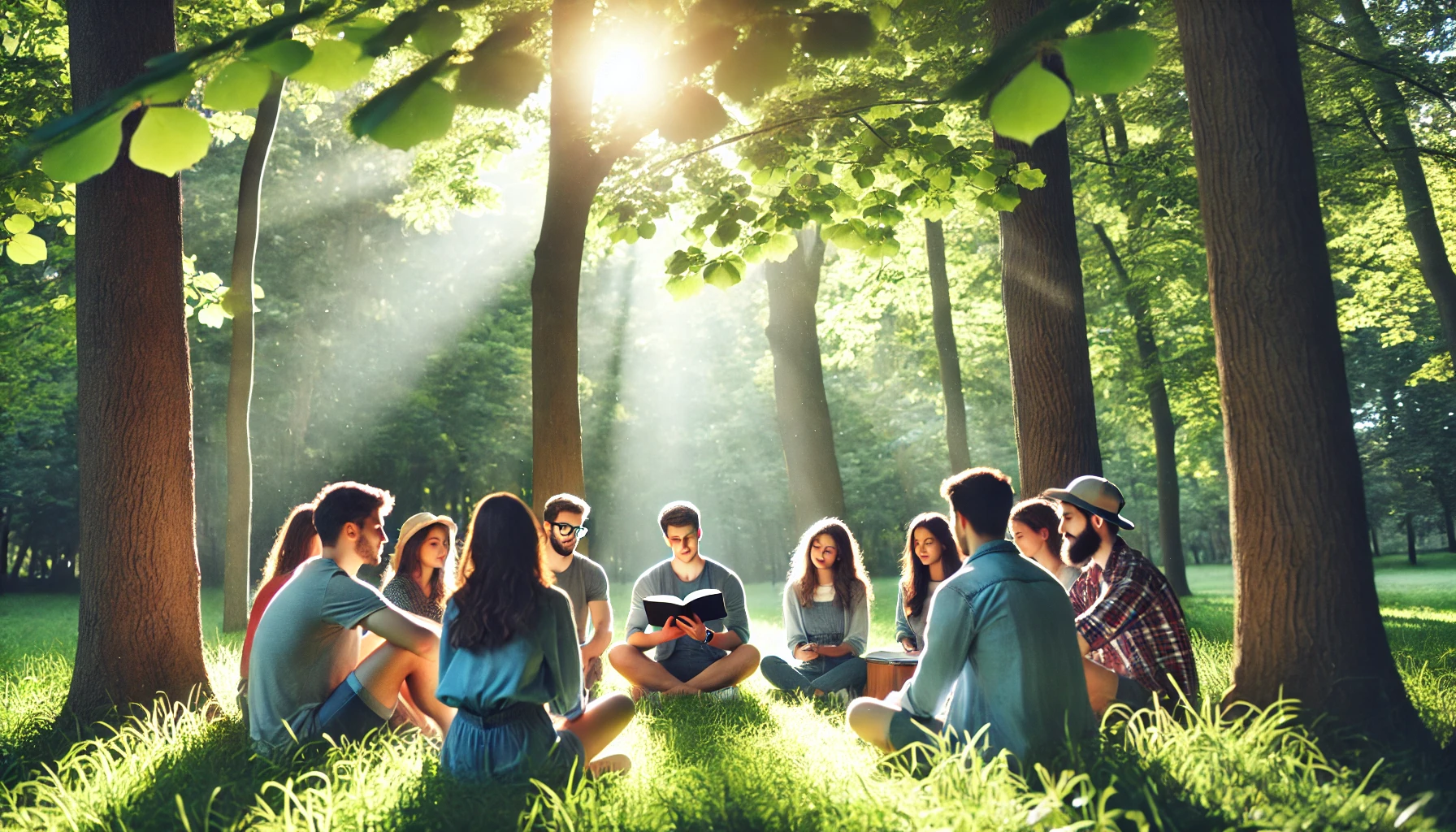 A group of young people sitting together in a circle on green grass, each holding a Bible.