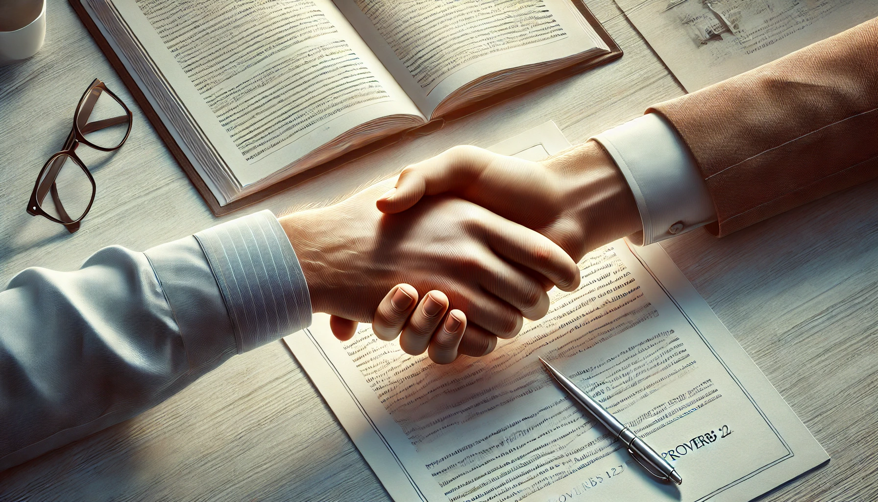 A handshake over a clean desk.