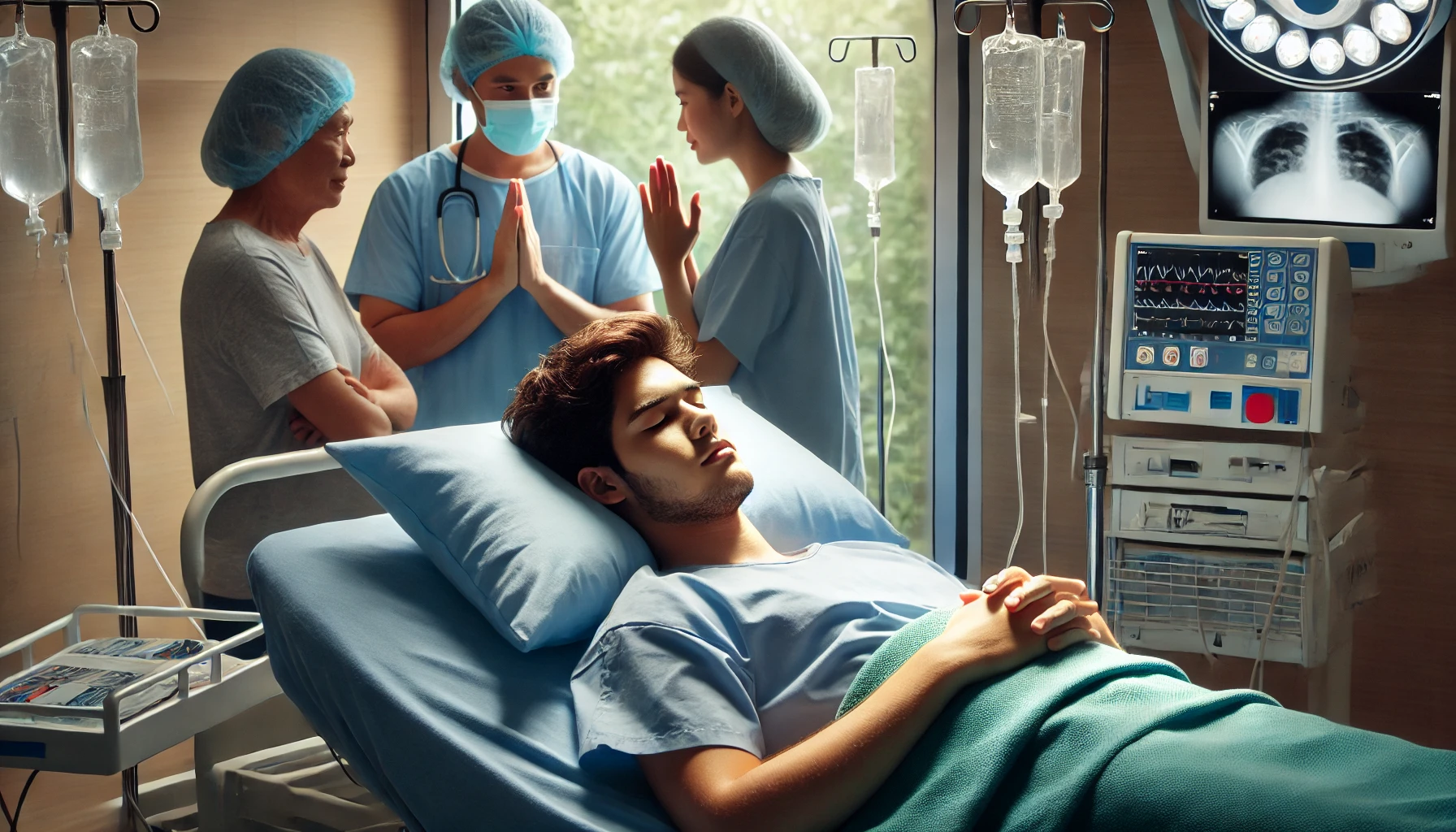 A hospital operating room where a young man lies on a hospital bed, prepped for surgery, with a calm and focused medical team around him. A family mem