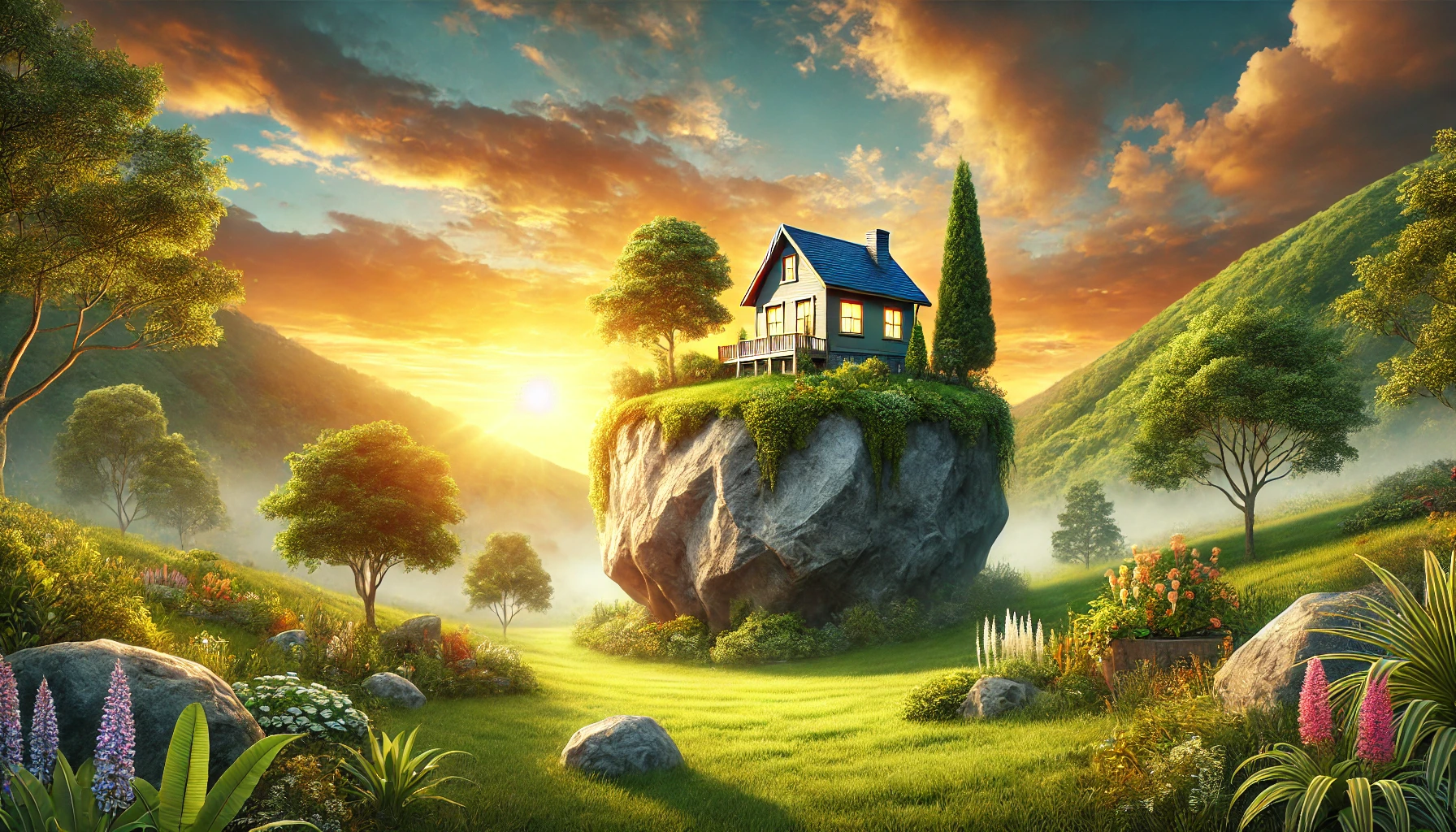 A house built on a solid rock foundation, surrounded by lush greenery and a peaceful sunrise.