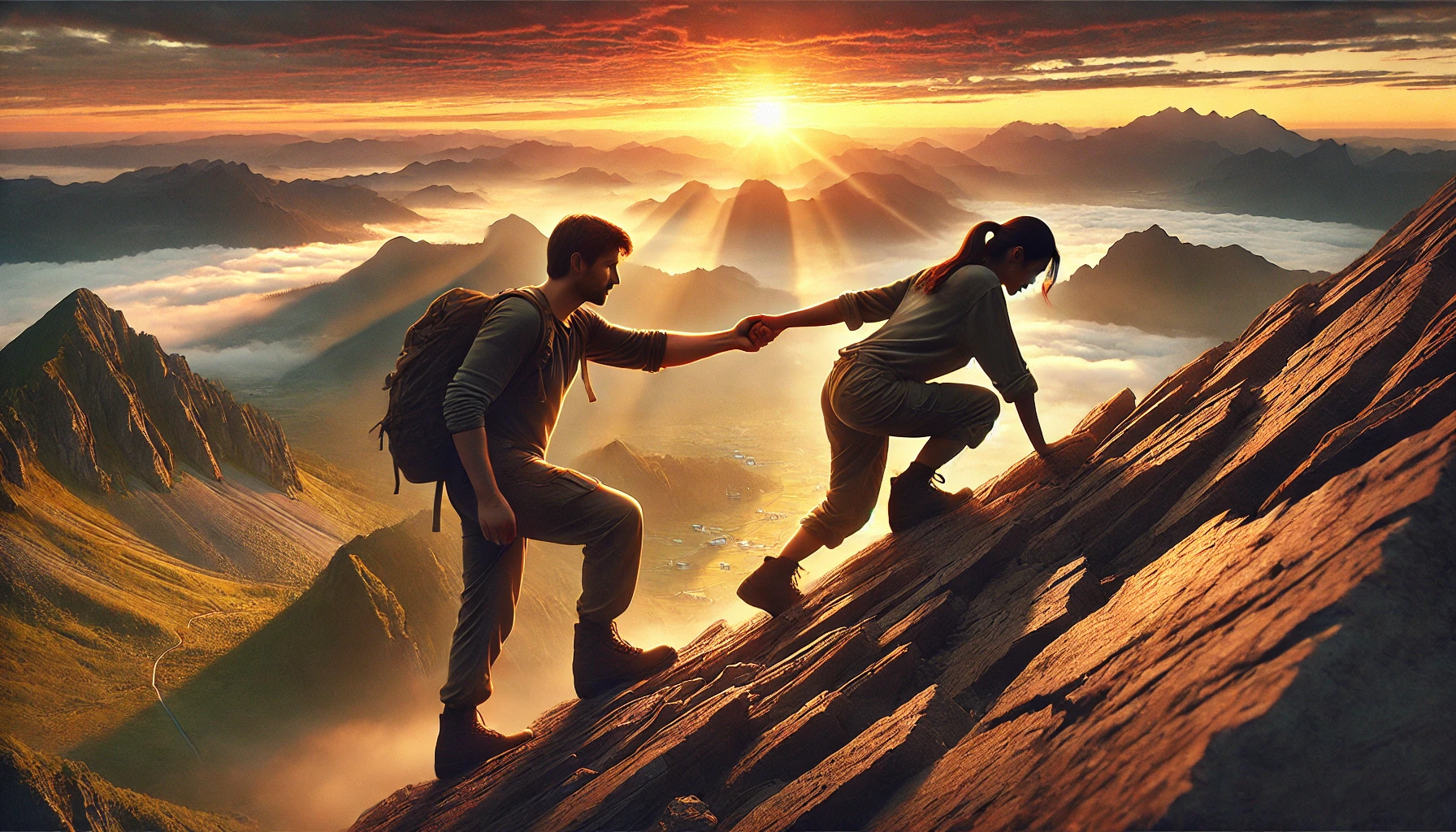 A husband and wife are seen climbing a steep mountain trail together during sunrise.