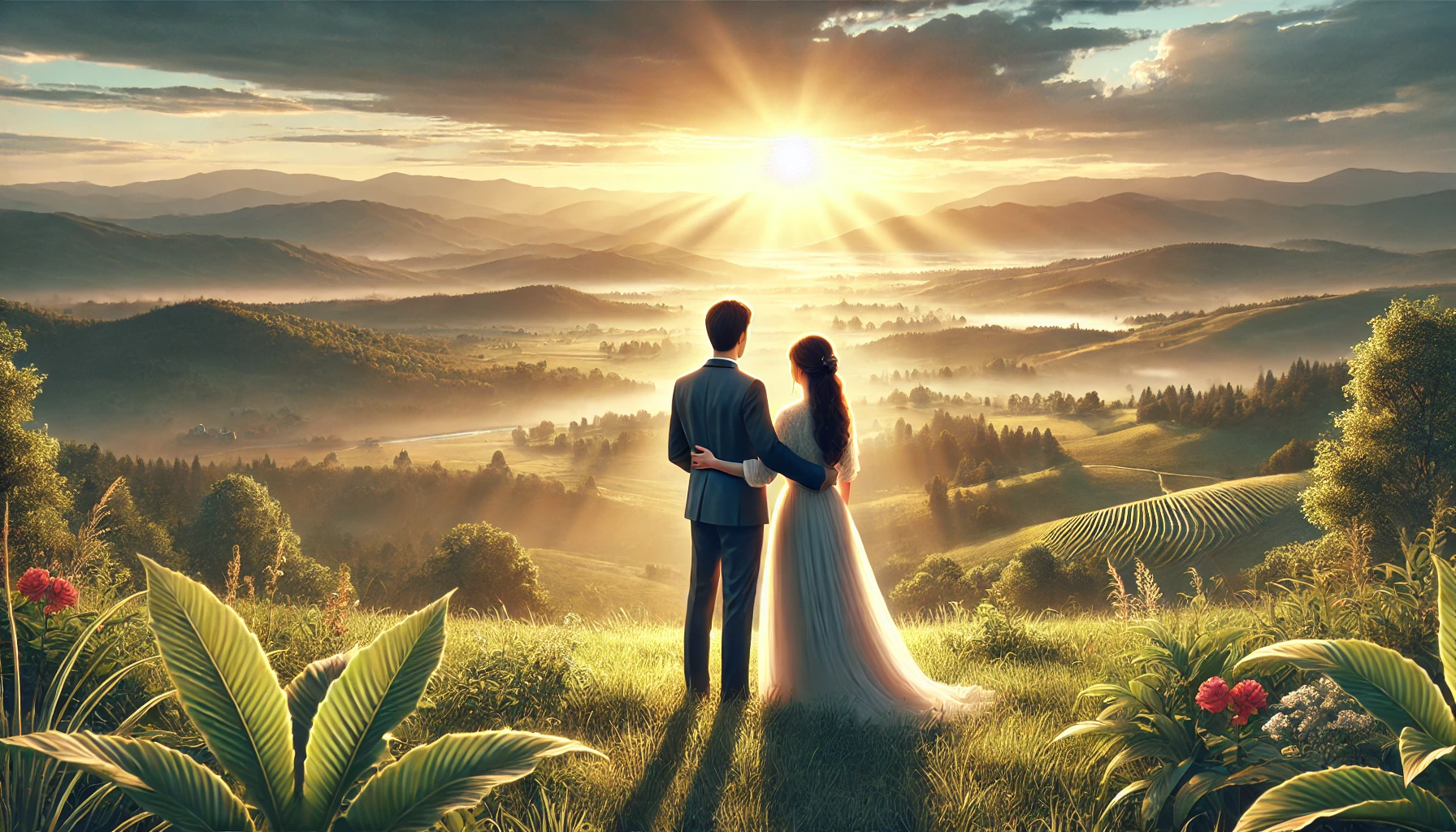 A husband and wife standing together on a hilltop overlooking a scenic valley at sunrise.