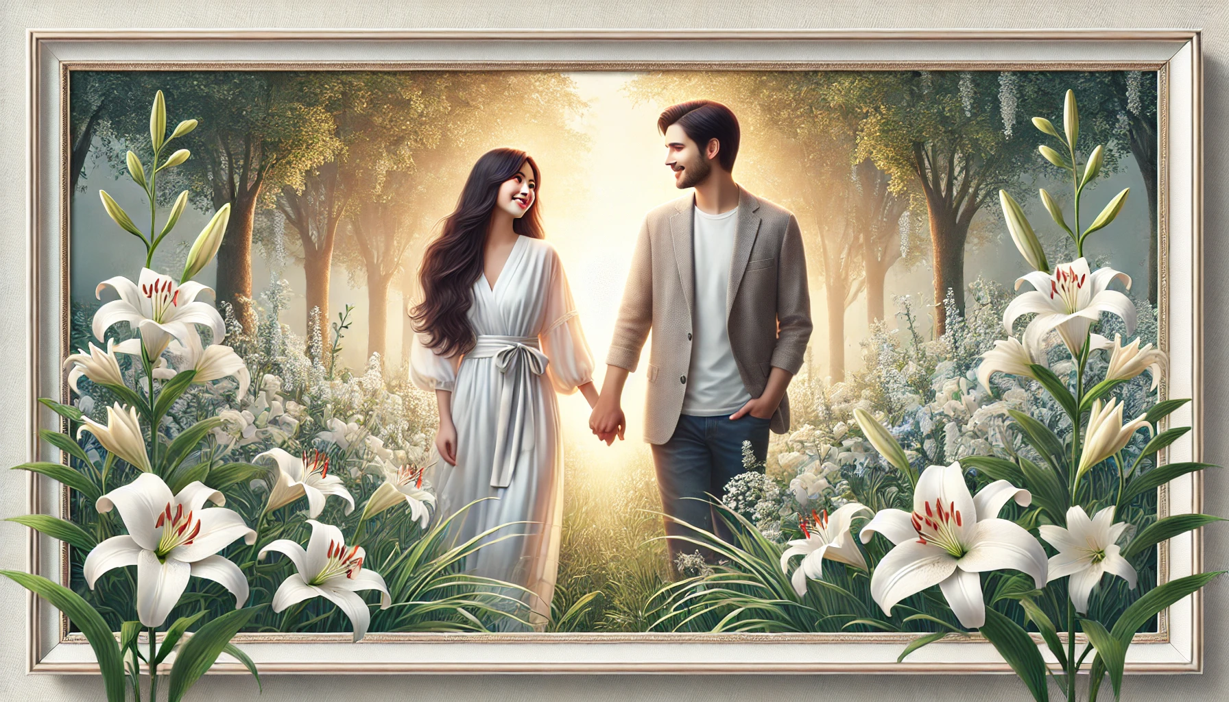 A husband and wife walking hand-in-hand through a serene garden filled with blooming lilies.