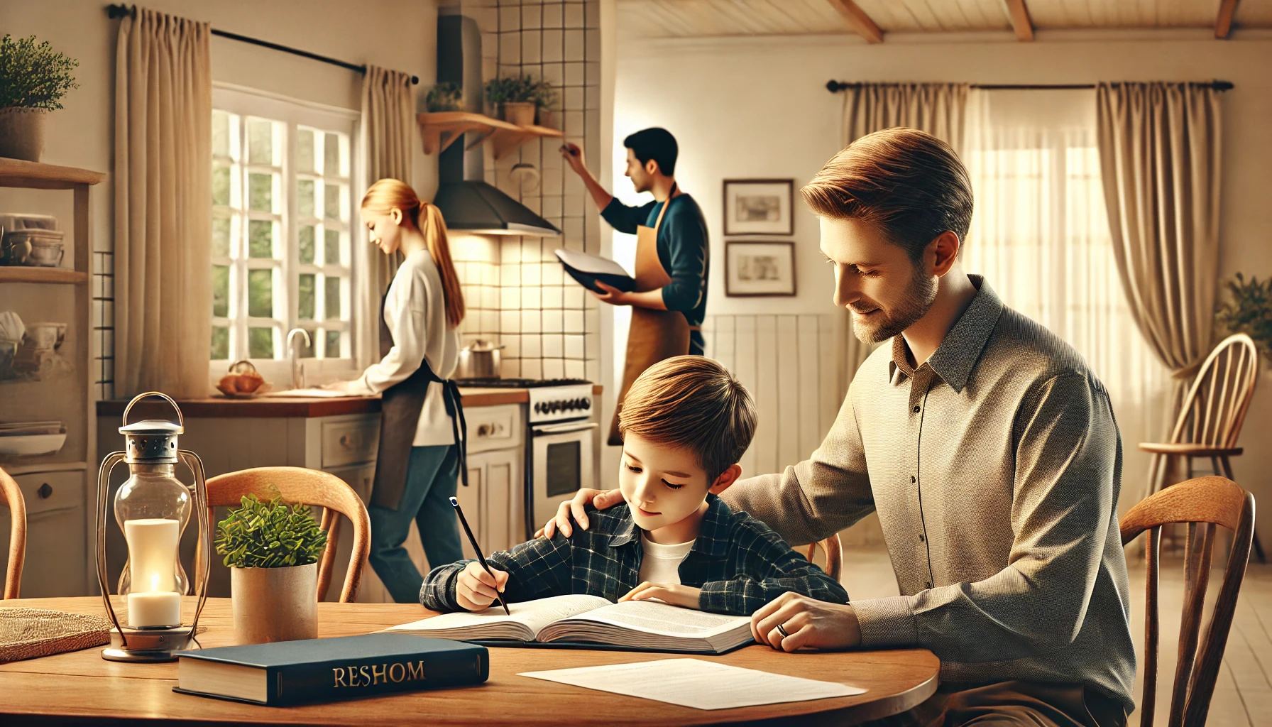 A husband helping his children with homework at the dining table.