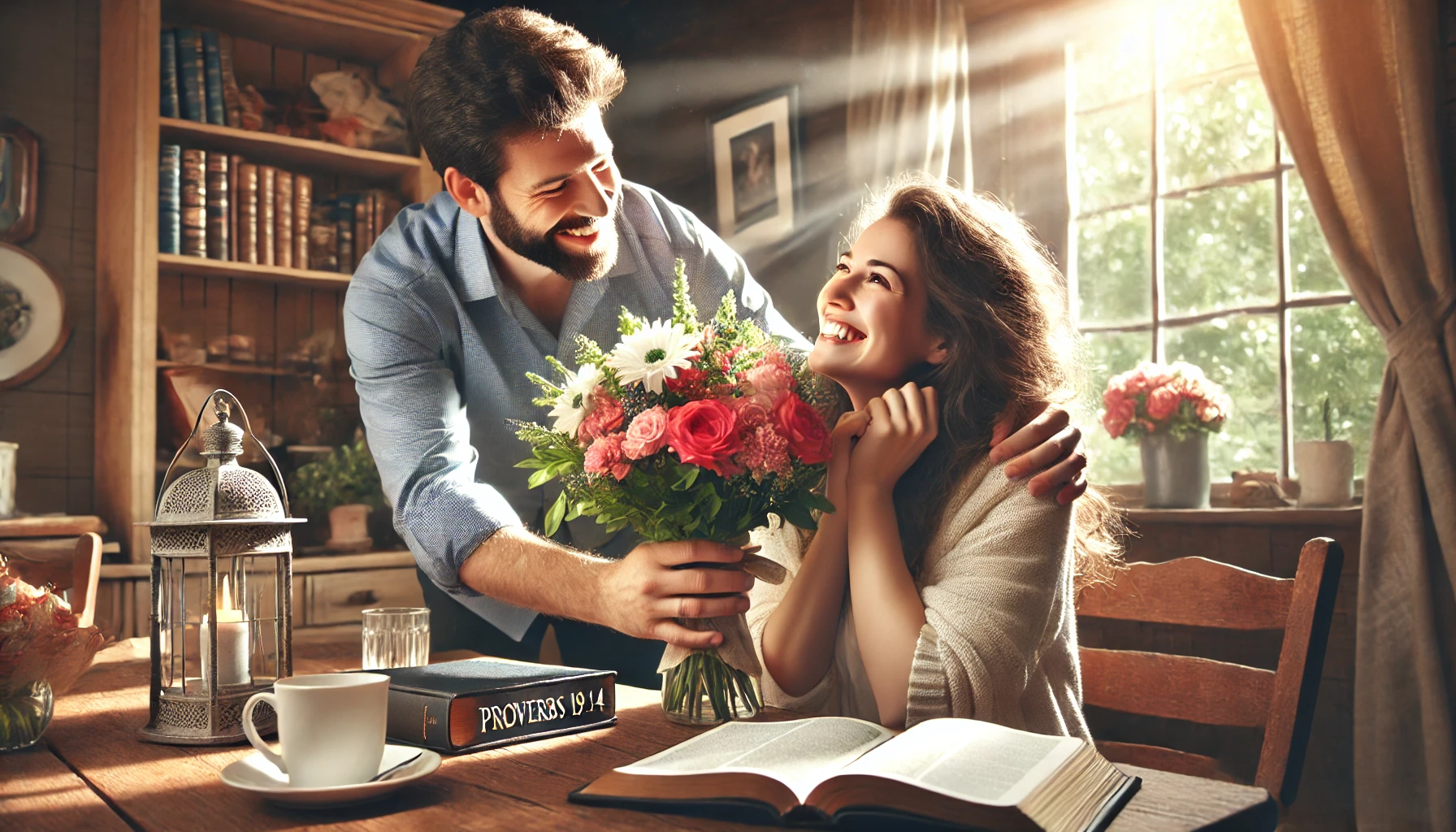 A husband is seen joyfully presenting a bouquet of flowers to his wife in a cozy home.