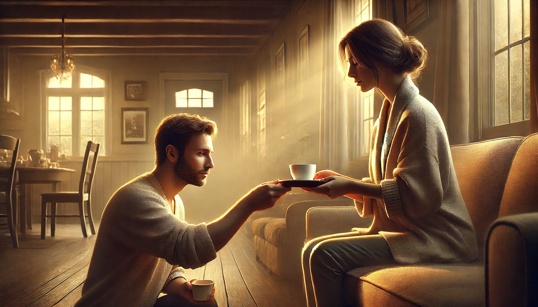 A husband offering his wife a cup of tea in a quiet living room.