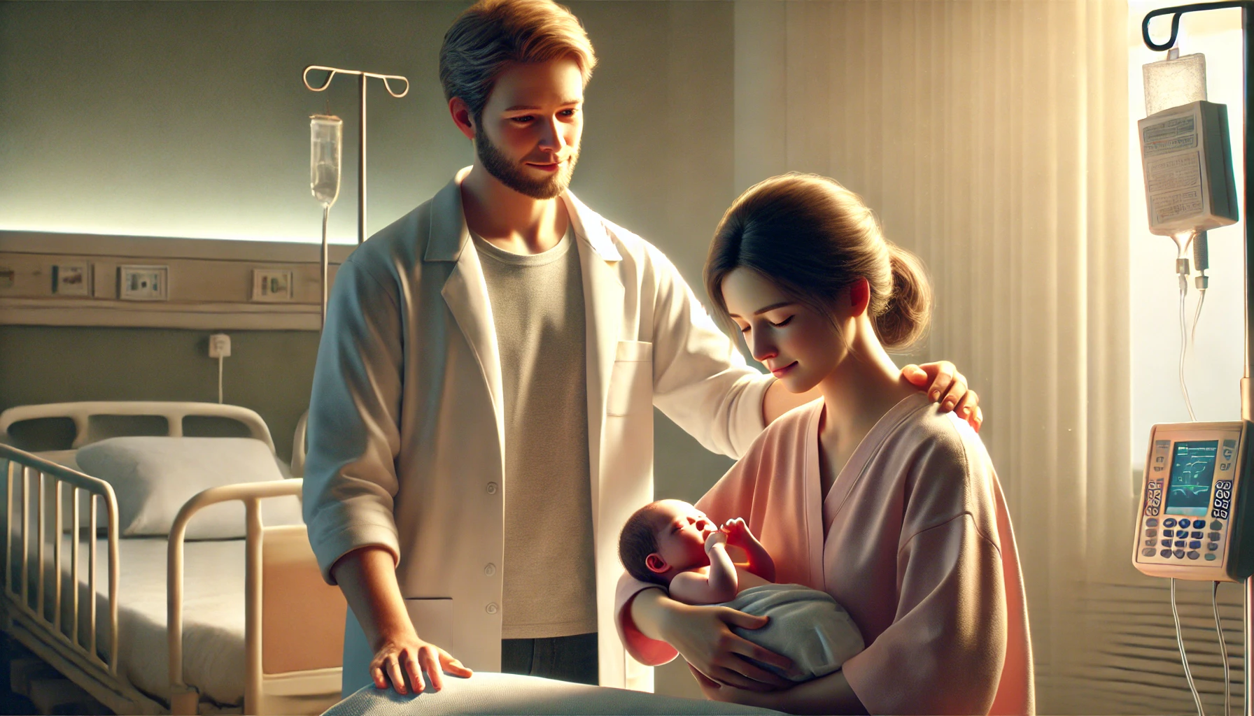 A husband standing beside his wife as she gently cradles her newborn baby in a softly lit hospital room.