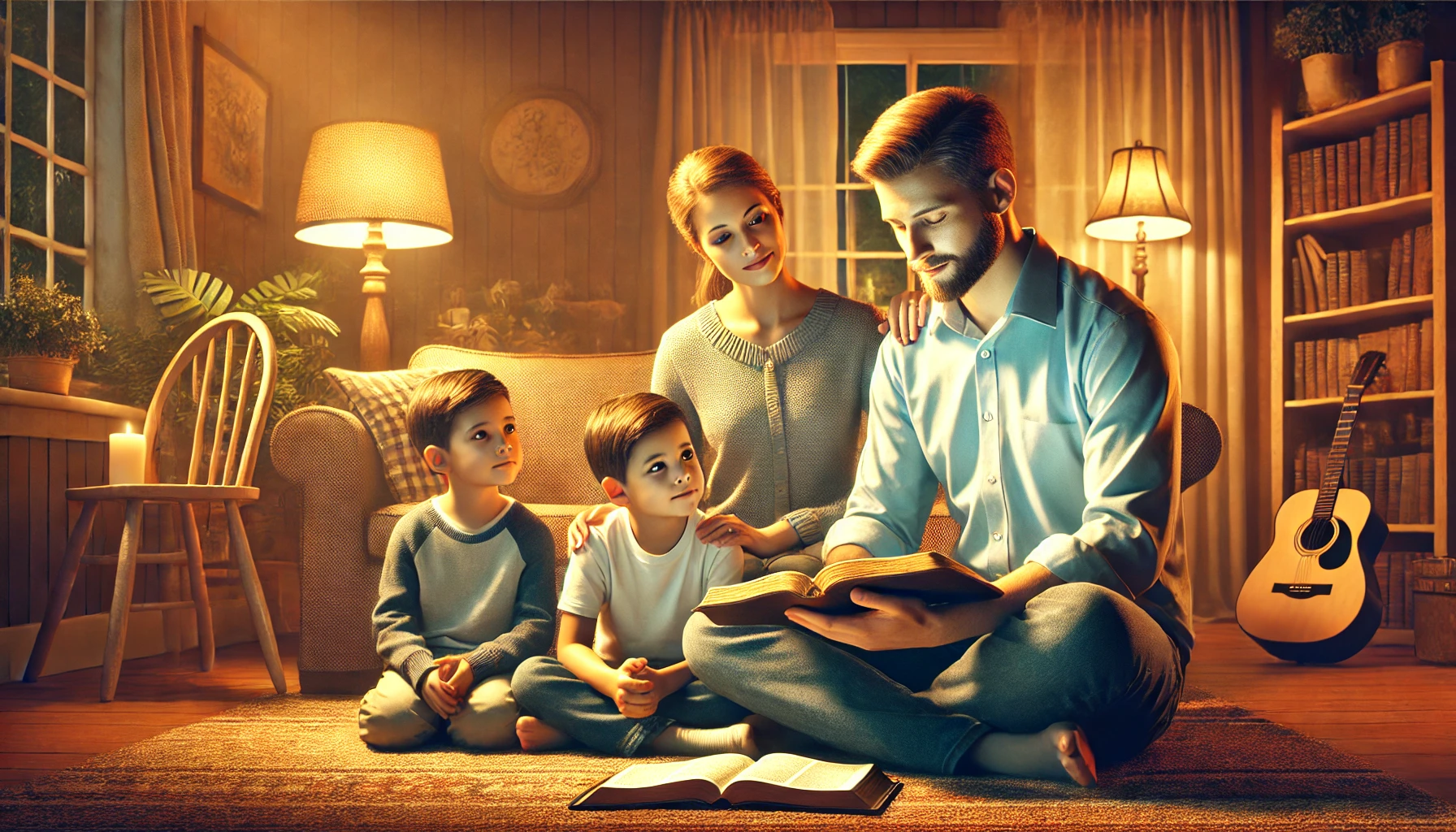 A husband teaching his children from the Bible at a cozy living room setting.