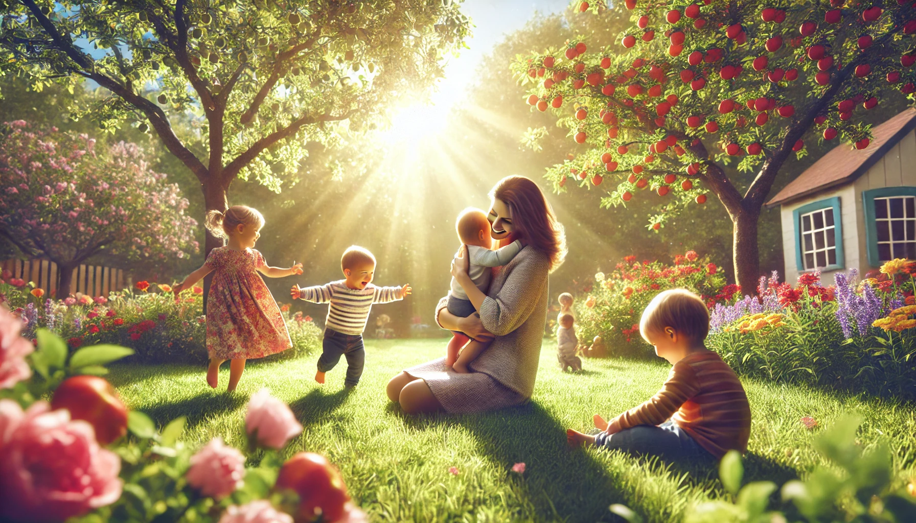 A joyful mother surrounded by children in a sunlit garden.