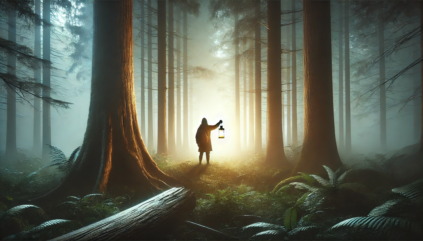 A lone traveler standing in a dense, misty forest, holding a lantern that casts a warm glow.