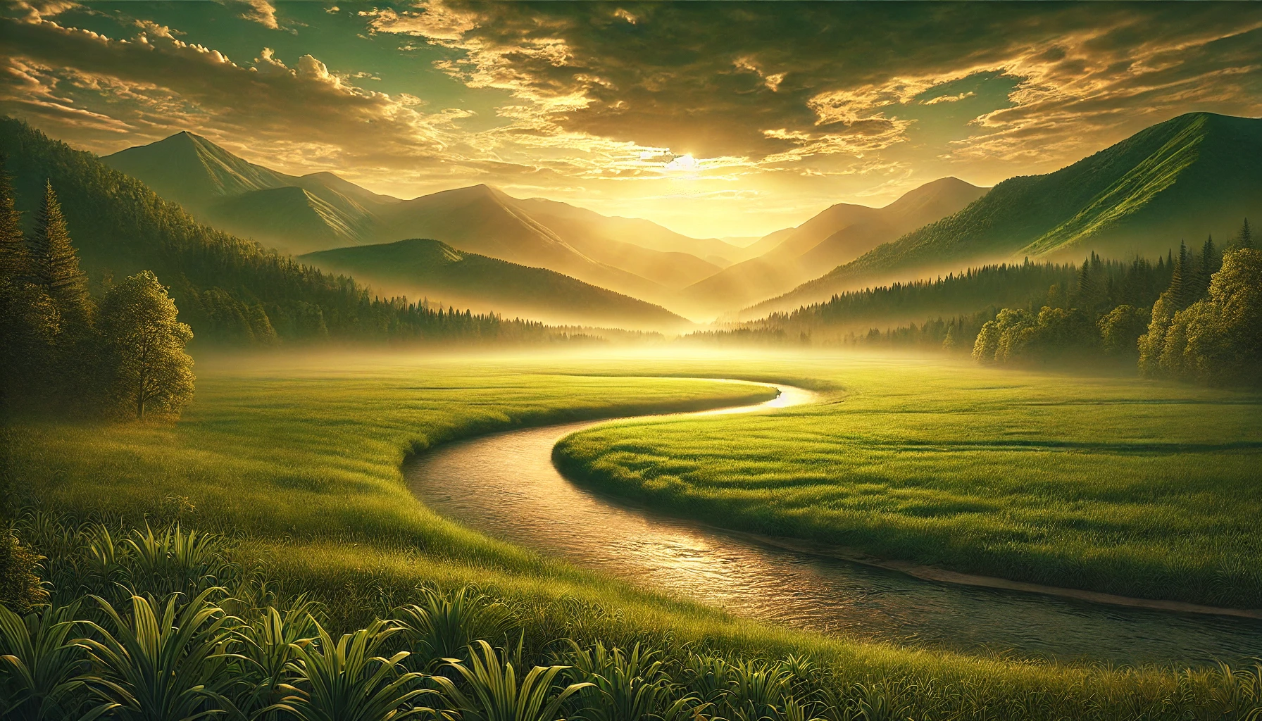 A lush green field with a still river winding through it under a glowing golden sky.