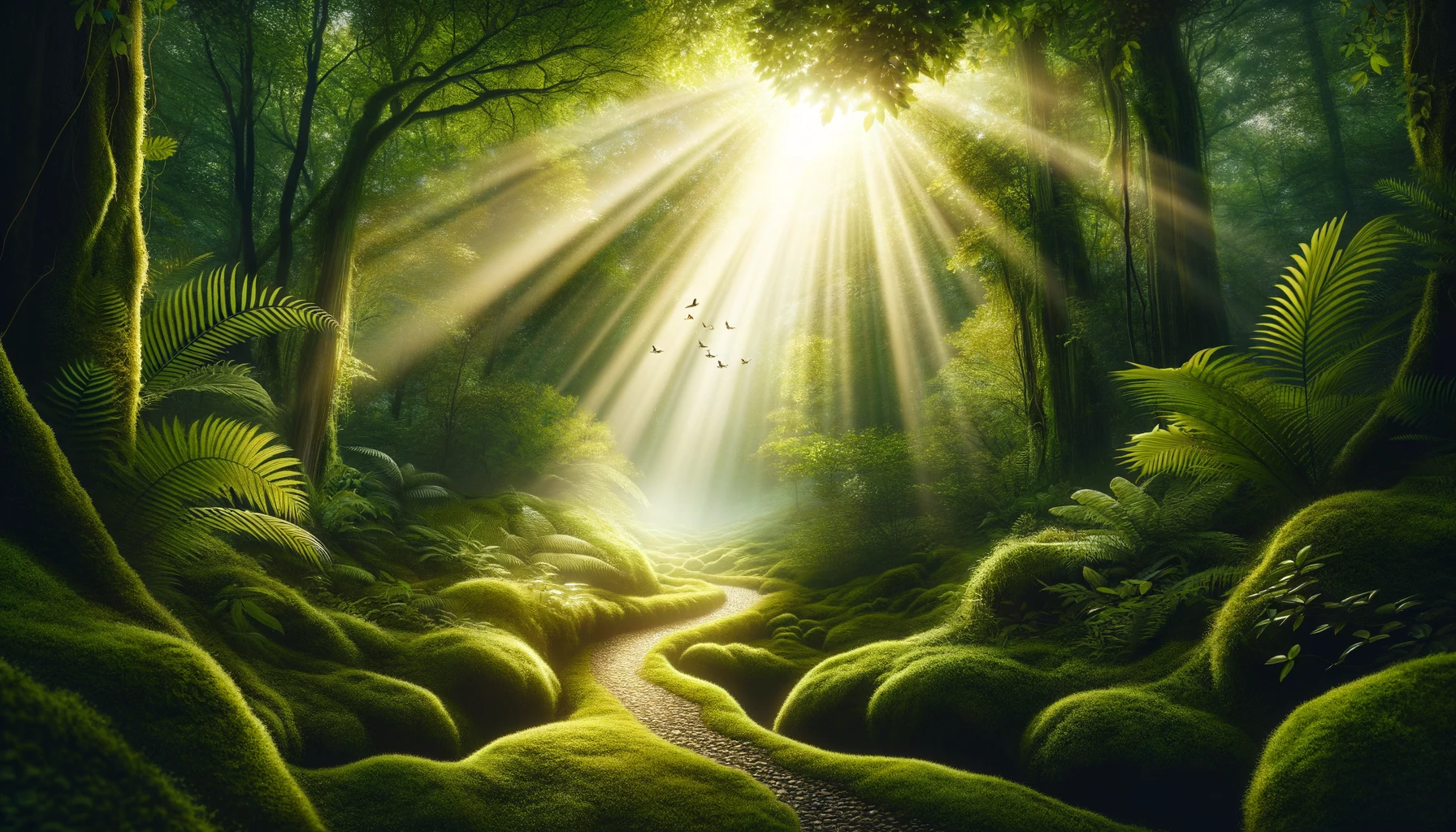 A lush, green forest with sunlight streaming through the canopy.