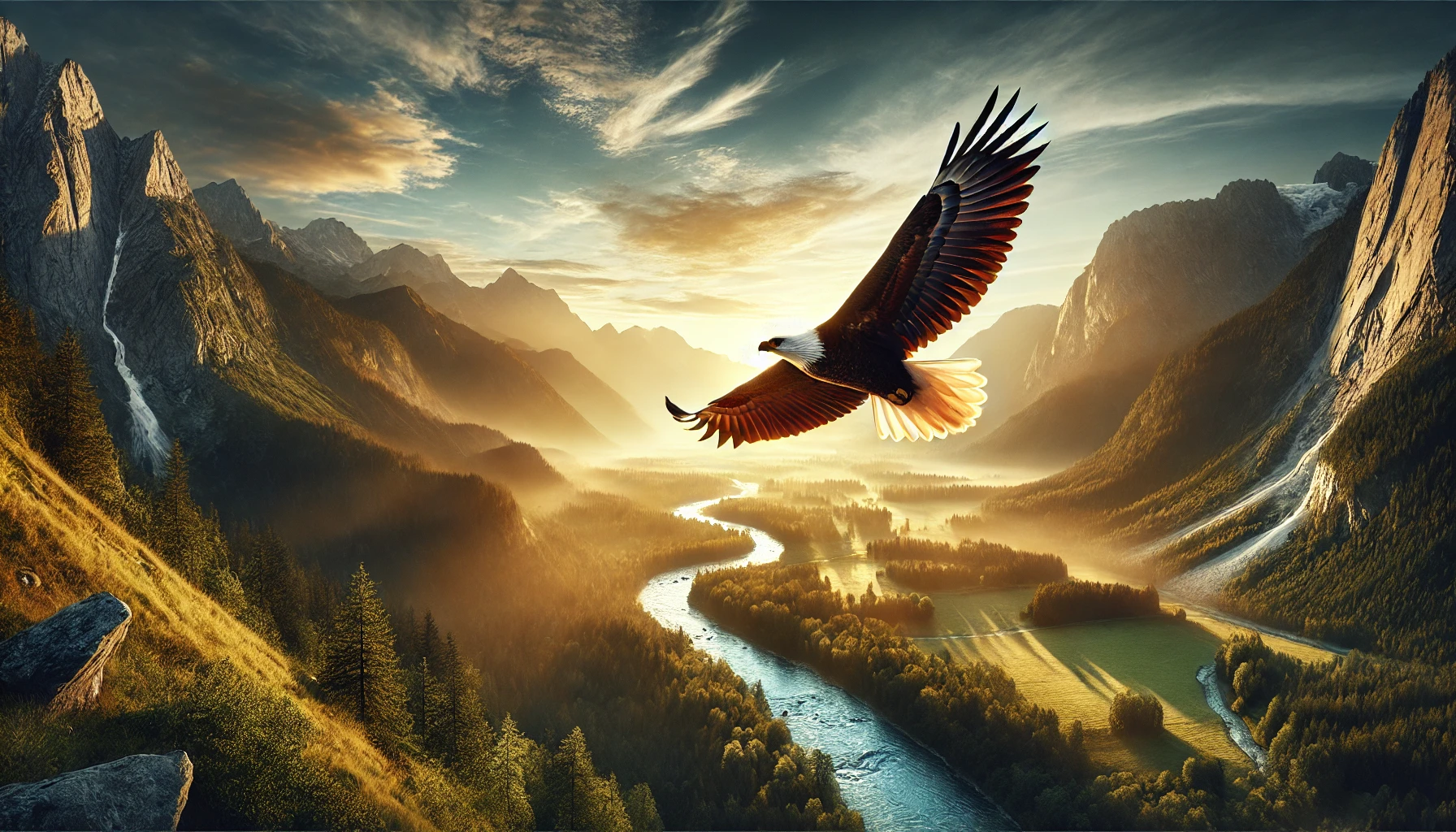 A majestic eagle soaring high above a breathtaking mountain landscape, with the golden light of dawn.