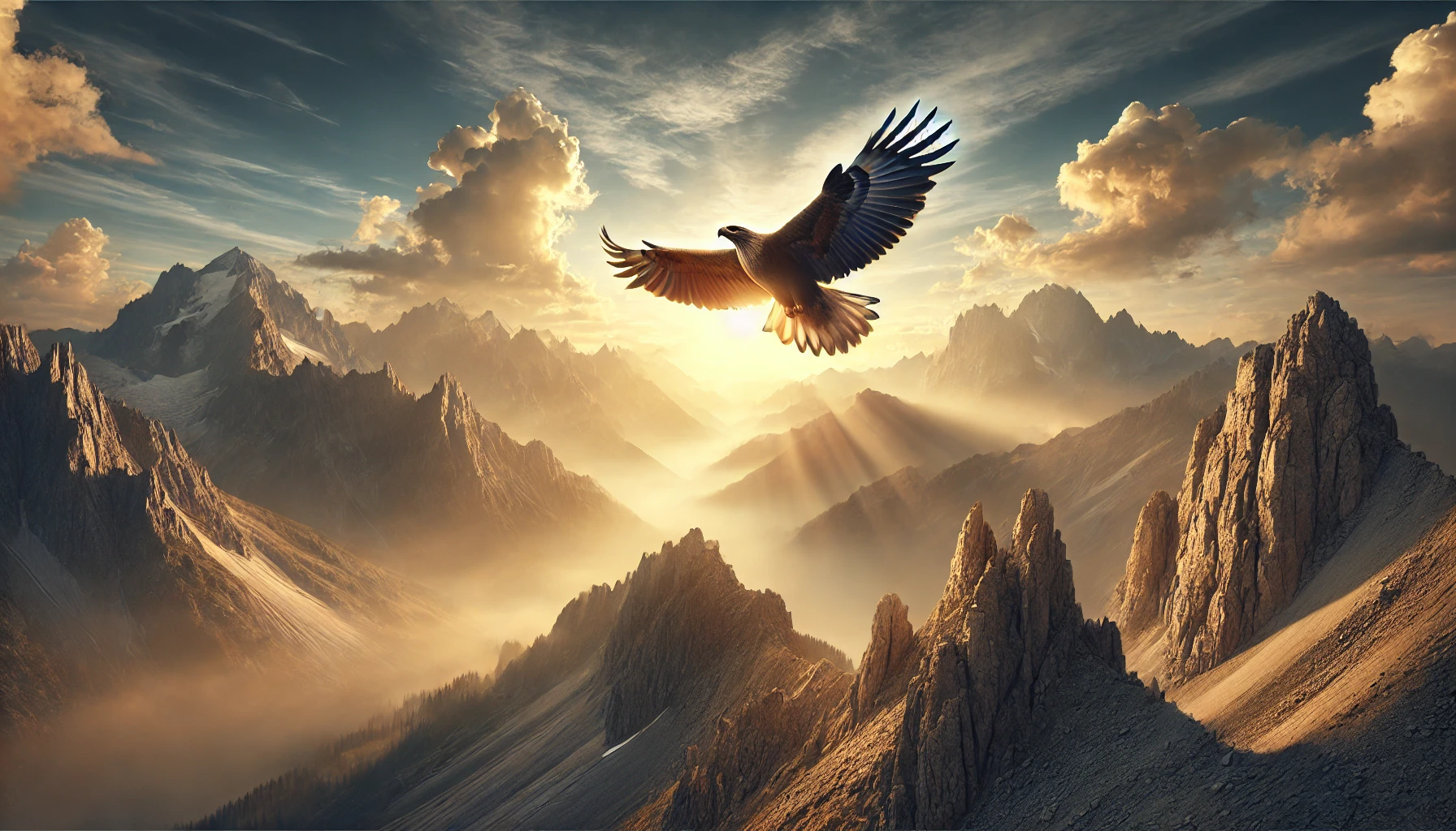 A majestic eagle soaring high above rugged mountains at sunrise.