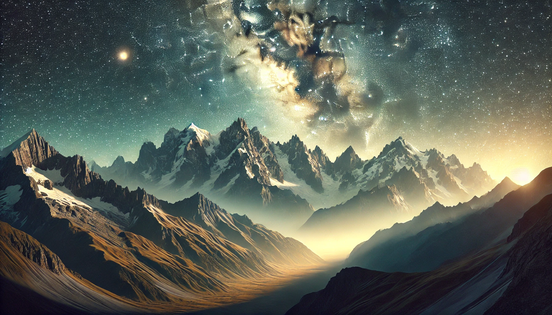 A majestic mountain range under a star-filled sky.