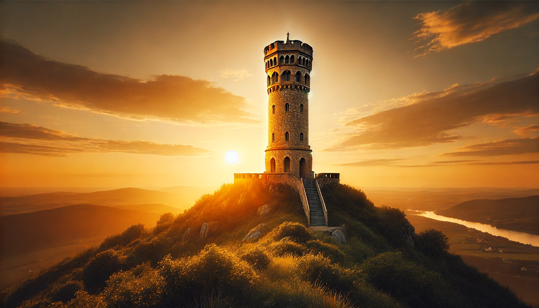 A majestic stone tower standing tall on a hilltop during a golden sunset, surrounded by lush greenery.