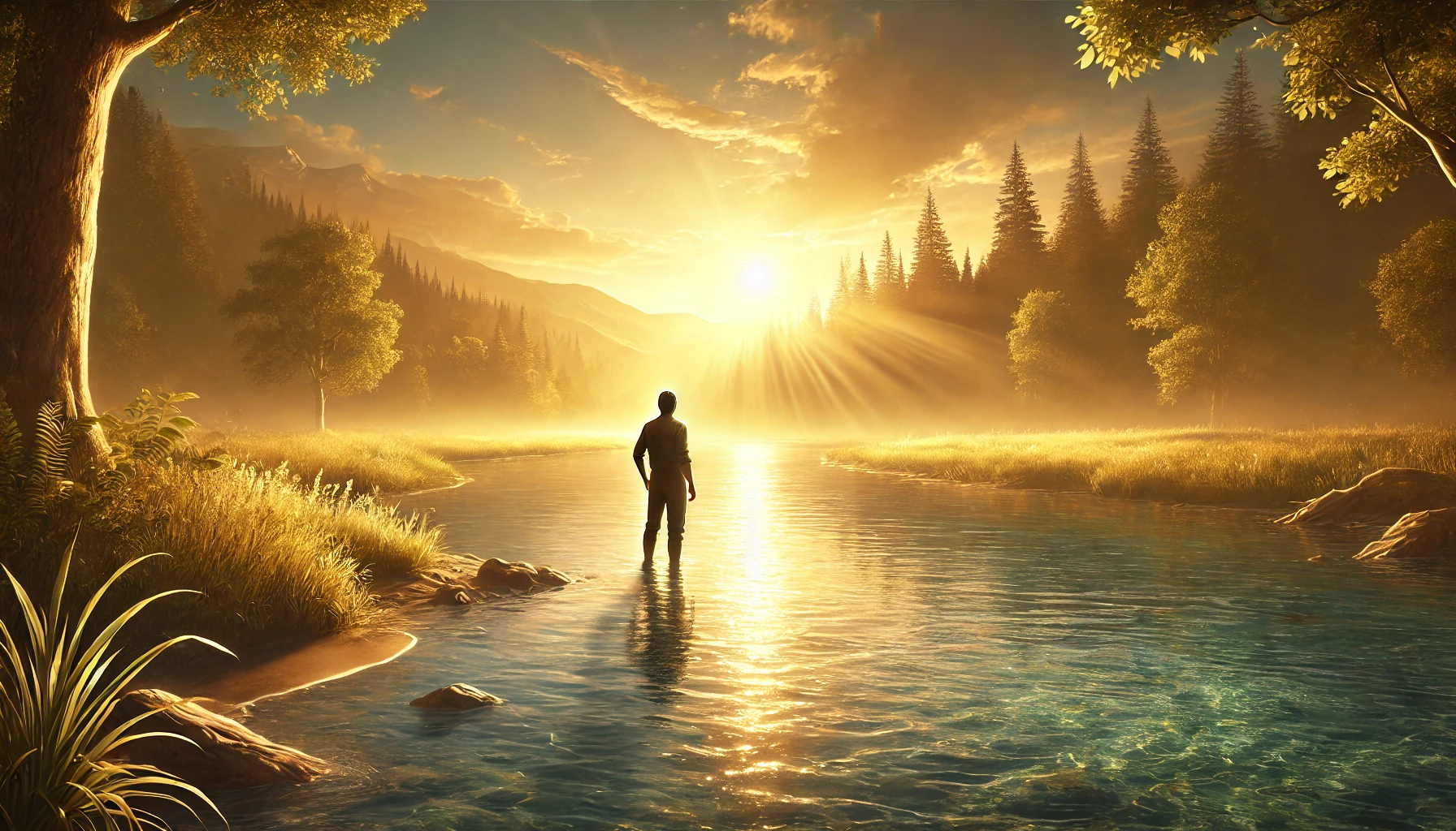 A man standing by a clear river at sunset, reflecting on his life.