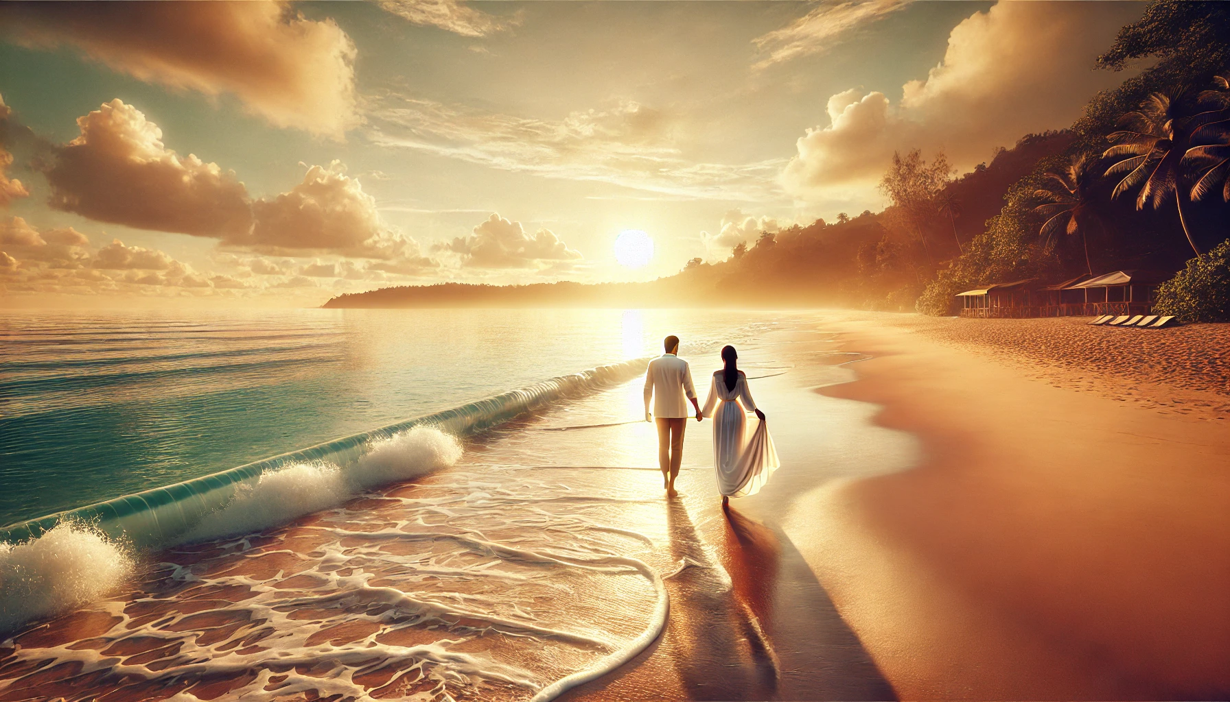 A married couple walking hand-in-hand along a tranquil beach at sunset.