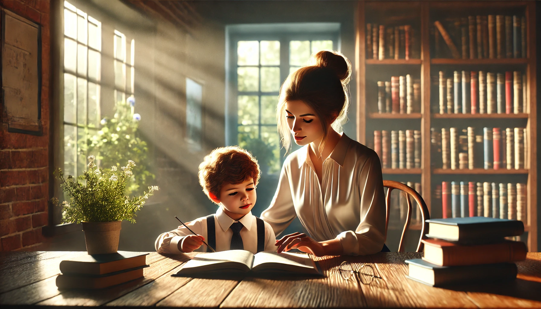 A mother sitting at a wooden desk in a cozy home library with her young son.