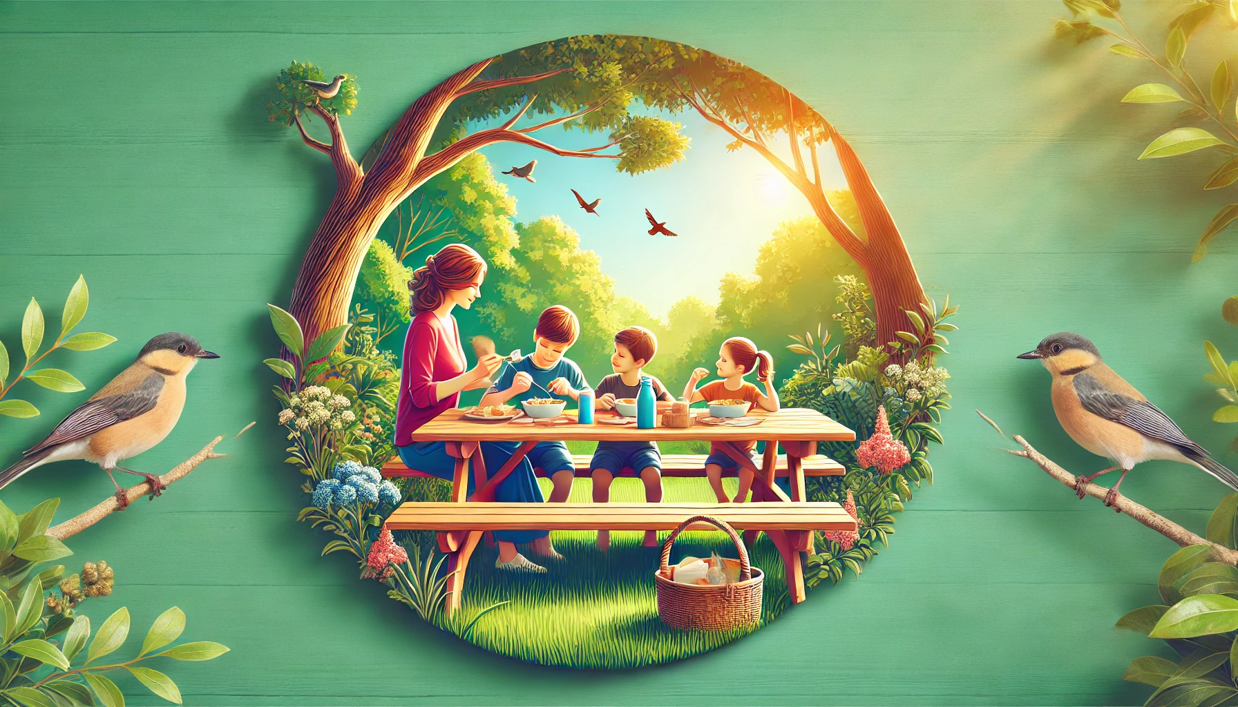 A mother sitting outdoors at a wooden picnic table in a lush garden, surrounded by her children.