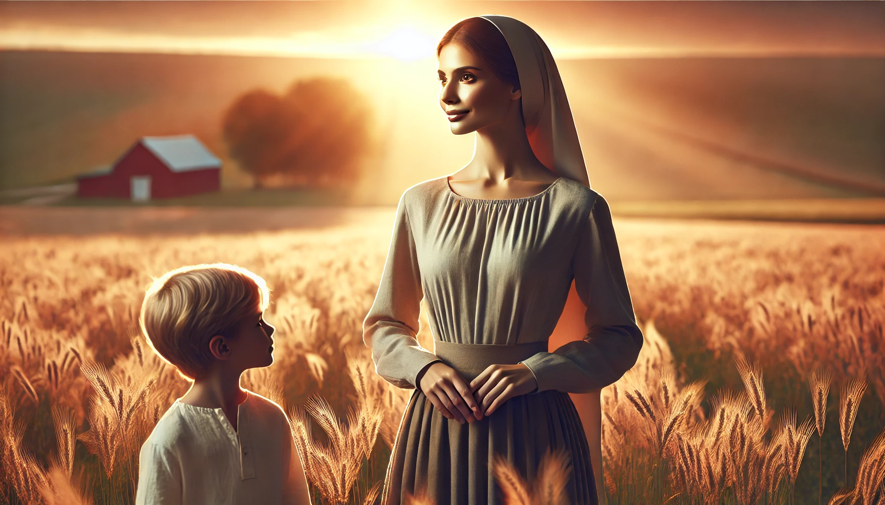 A mother standing confidently in an open field at sunrise.