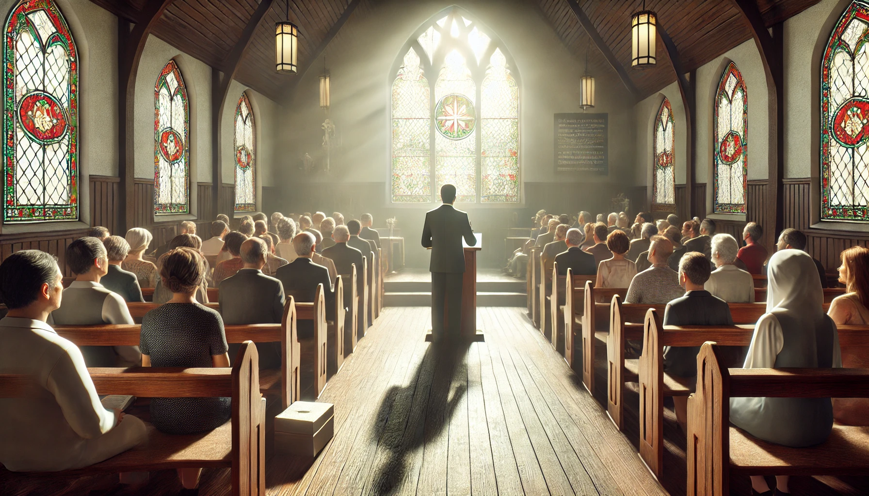 A pastor delivering a sermon inside a modest church.