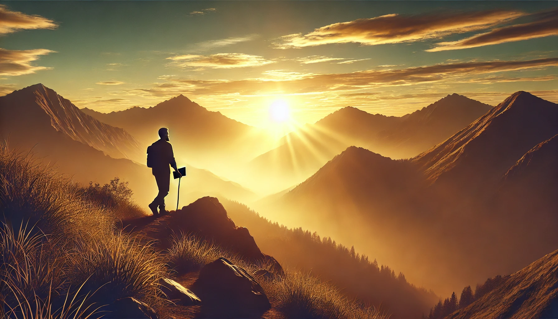 A pastor hiking in a mountainous region during sunrise, carrying a Bible in hand.