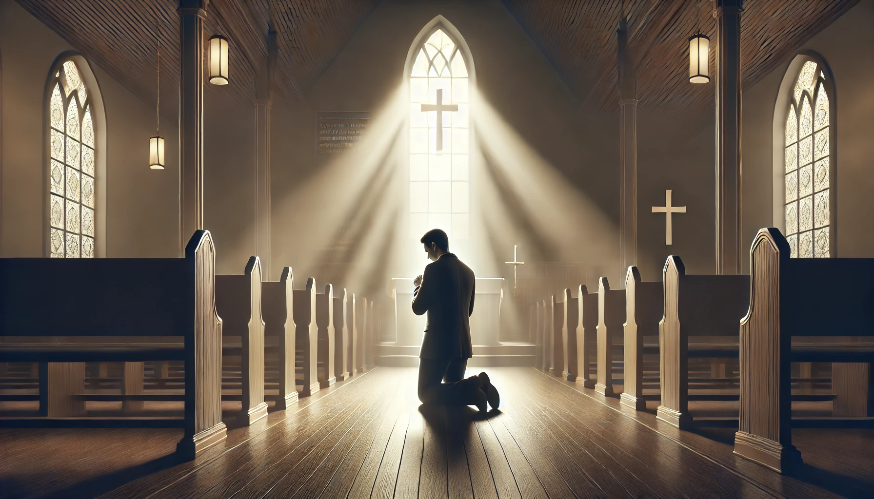 A pastor kneeling in prayer inside a quiet church sanctuary.