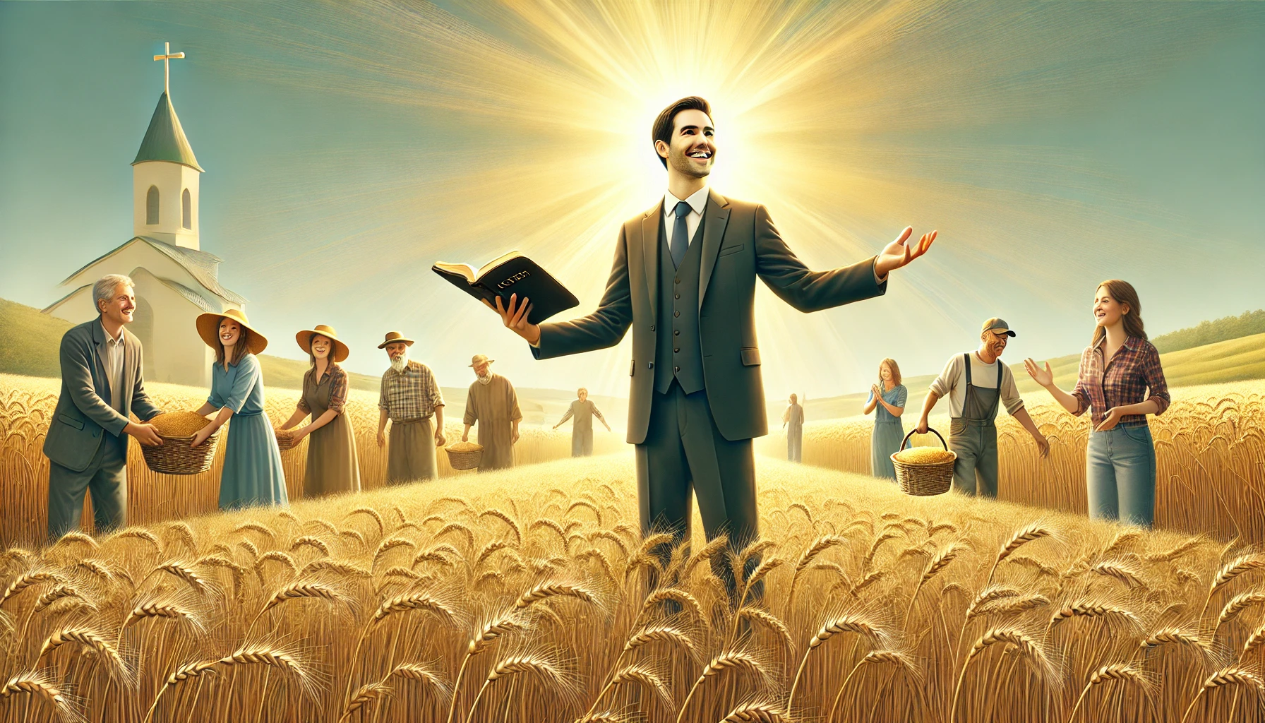 A pastor standing in a golden wheat field during harvest season.