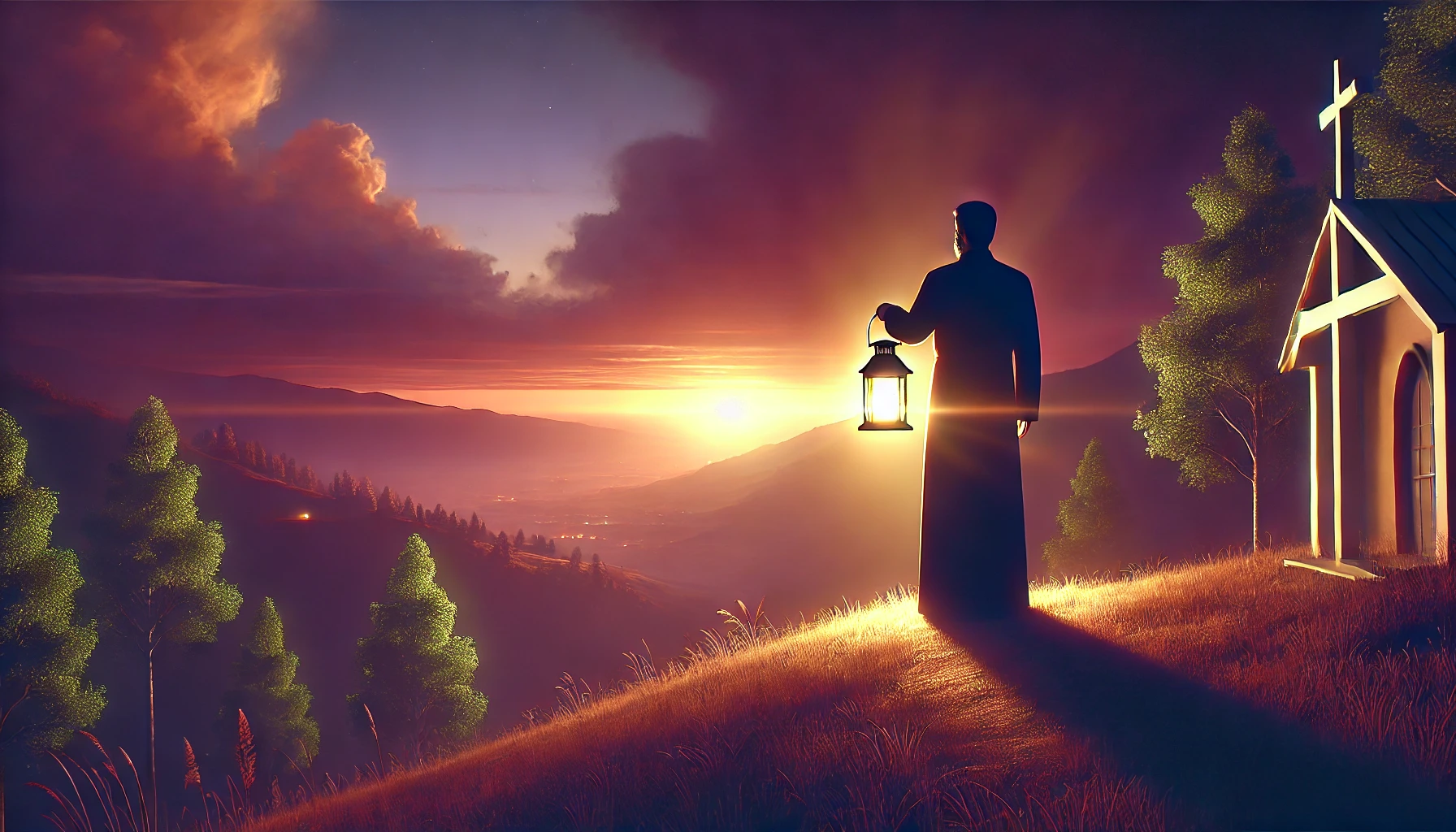 A pastor standing on a hilltop at twilight, holding a lantern that casts a warm glow.