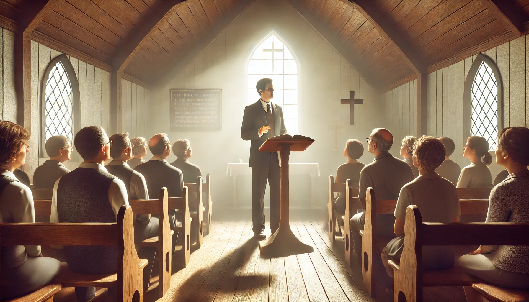 A pastor teaching a small group of attentive church members inside a simple but well-lit church.