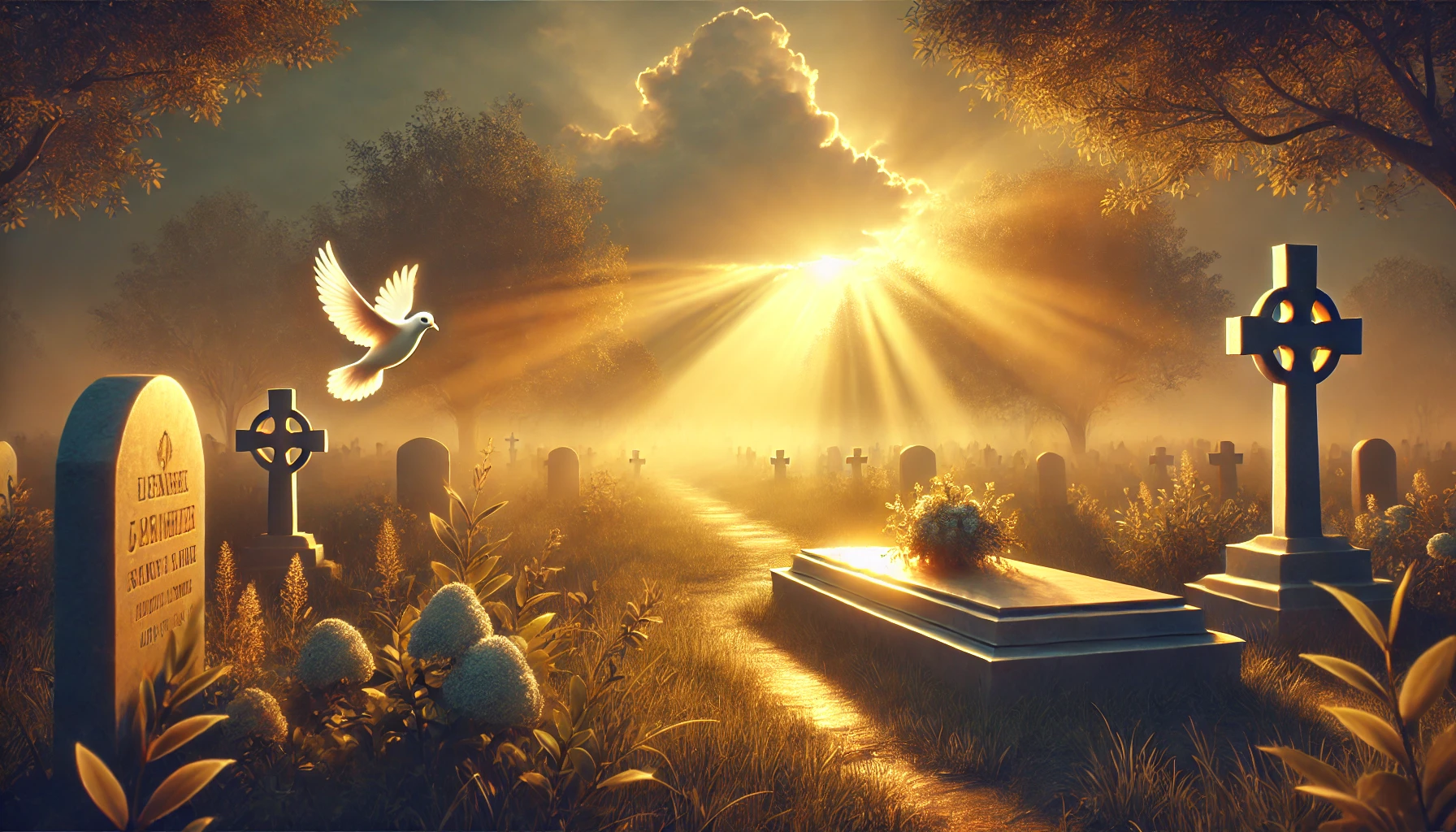 A peaceful and serene landscape with a golden sunset casting warm light over a quiet cemetery. A soft glow surrounds a headstone, symbolizing eternal