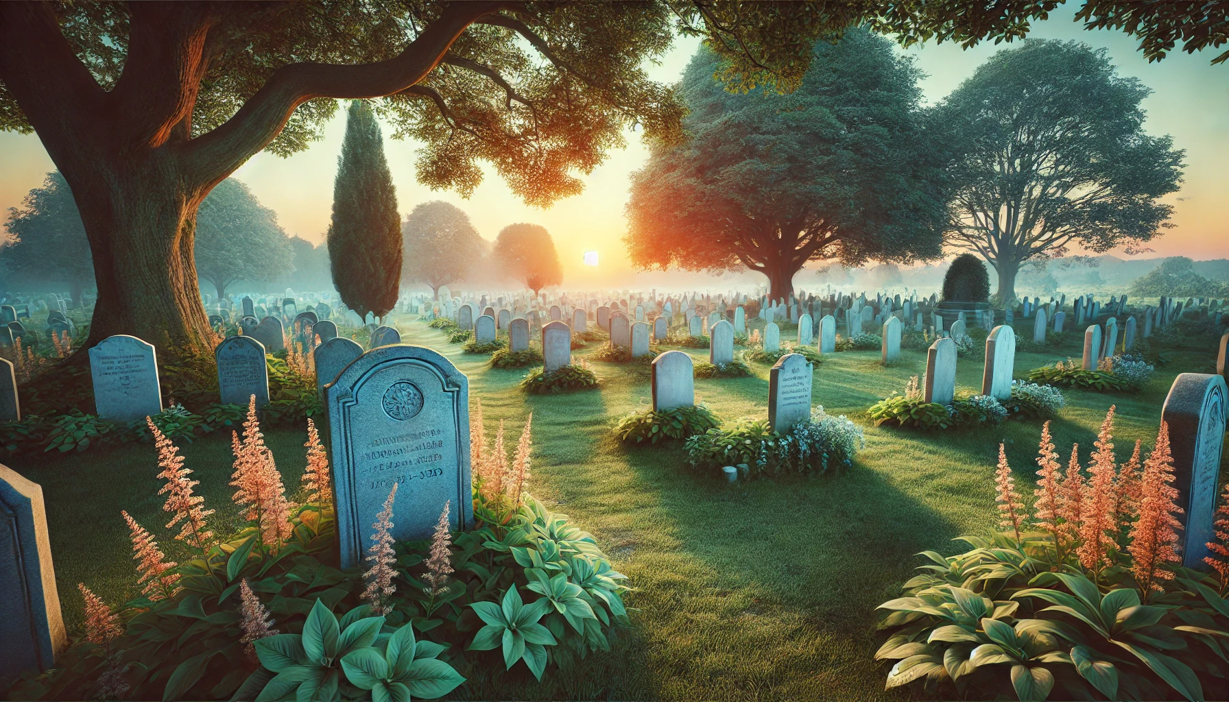 A peaceful cemetery at dusk. The scene includes gravestones surrounded by soft grass and gentle flowers.