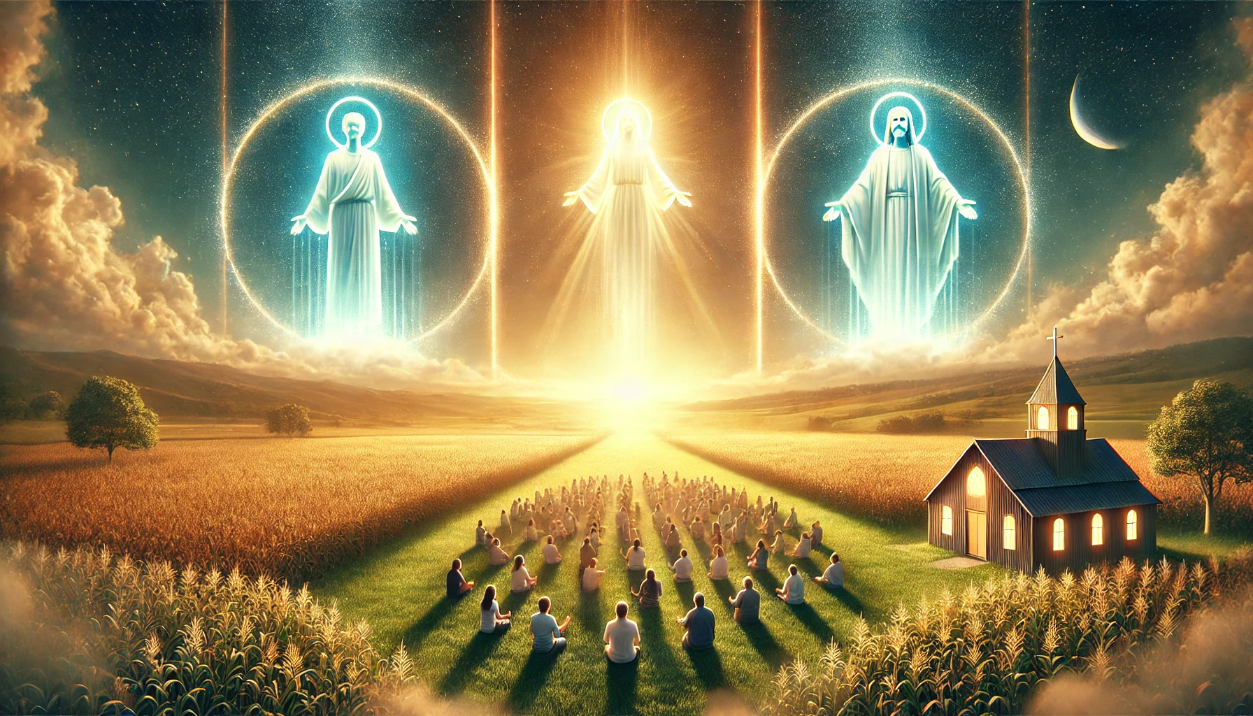 A glowing figure symbolizing Jesus standing at the center of a radiant golden circle.