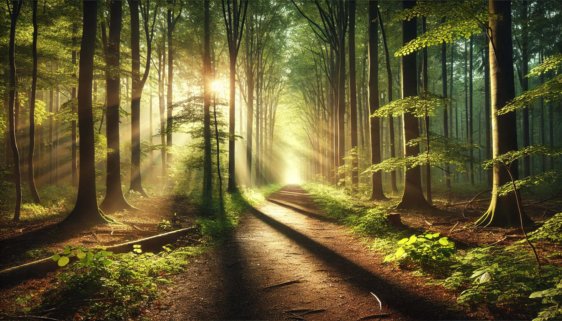 A peaceful forest path in the early morning.