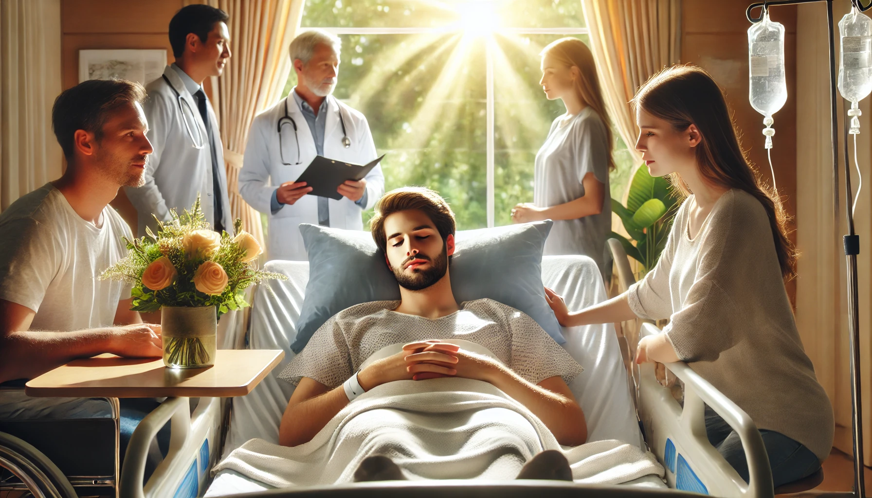 A peaceful hospital room with soft natural light streaming through a window. A young man lies in a hospital bed with a serene expression, surrounded b