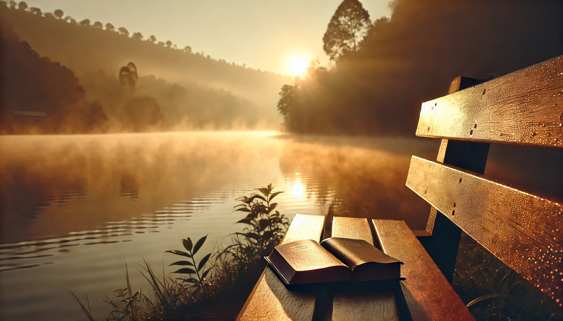 A peaceful lakeside scene at dawn, with soft mist rising from the water.