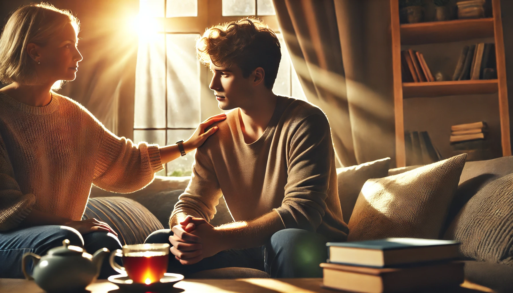 A peaceful living room scene where a young man sits on a comfortable couch, looking contemplative but at peace, with sunlight streaming through the wi