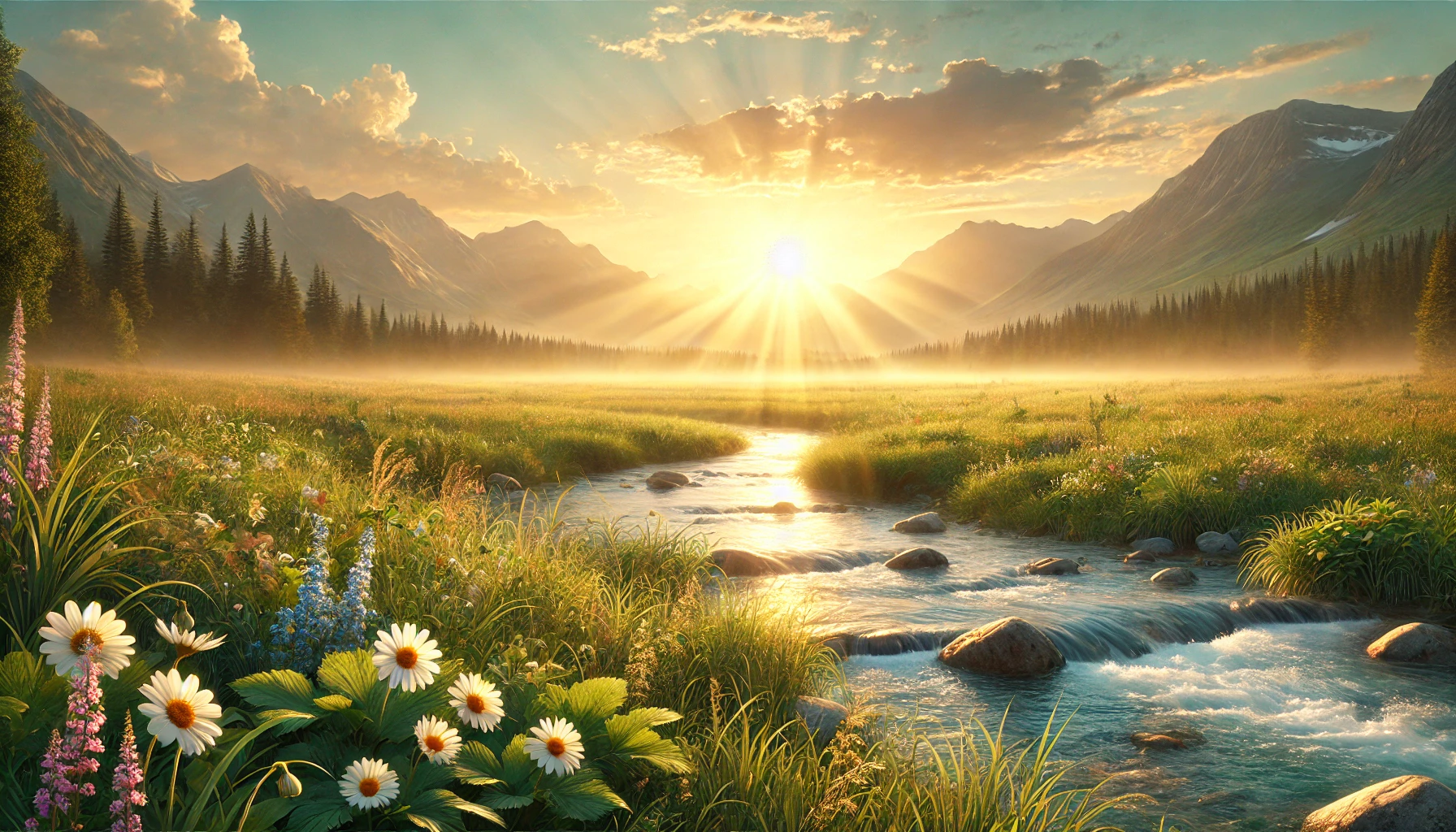 A peaceful meadow at sunrise.