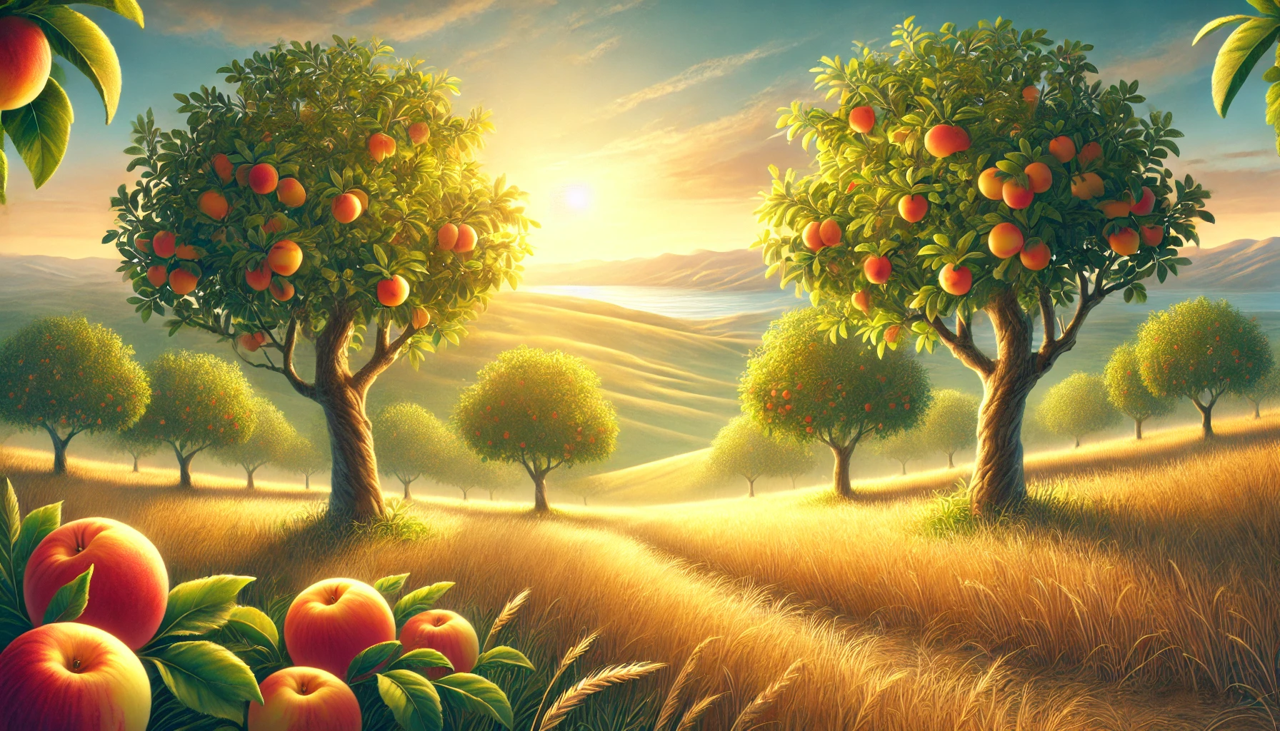 A peaceful orchard with vibrant fruit-bearing trees under soft golden sunlight.