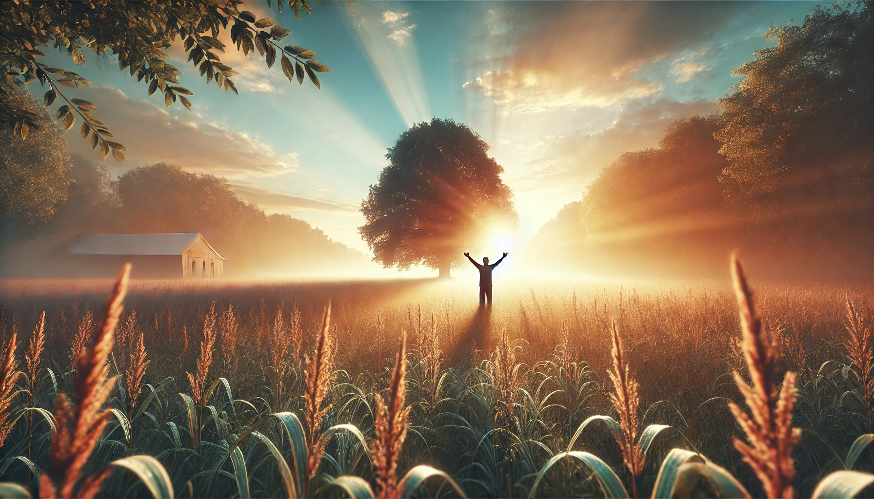 A peaceful outdoor setting at sunrise, with a lone figure standing in a field with arms raised.