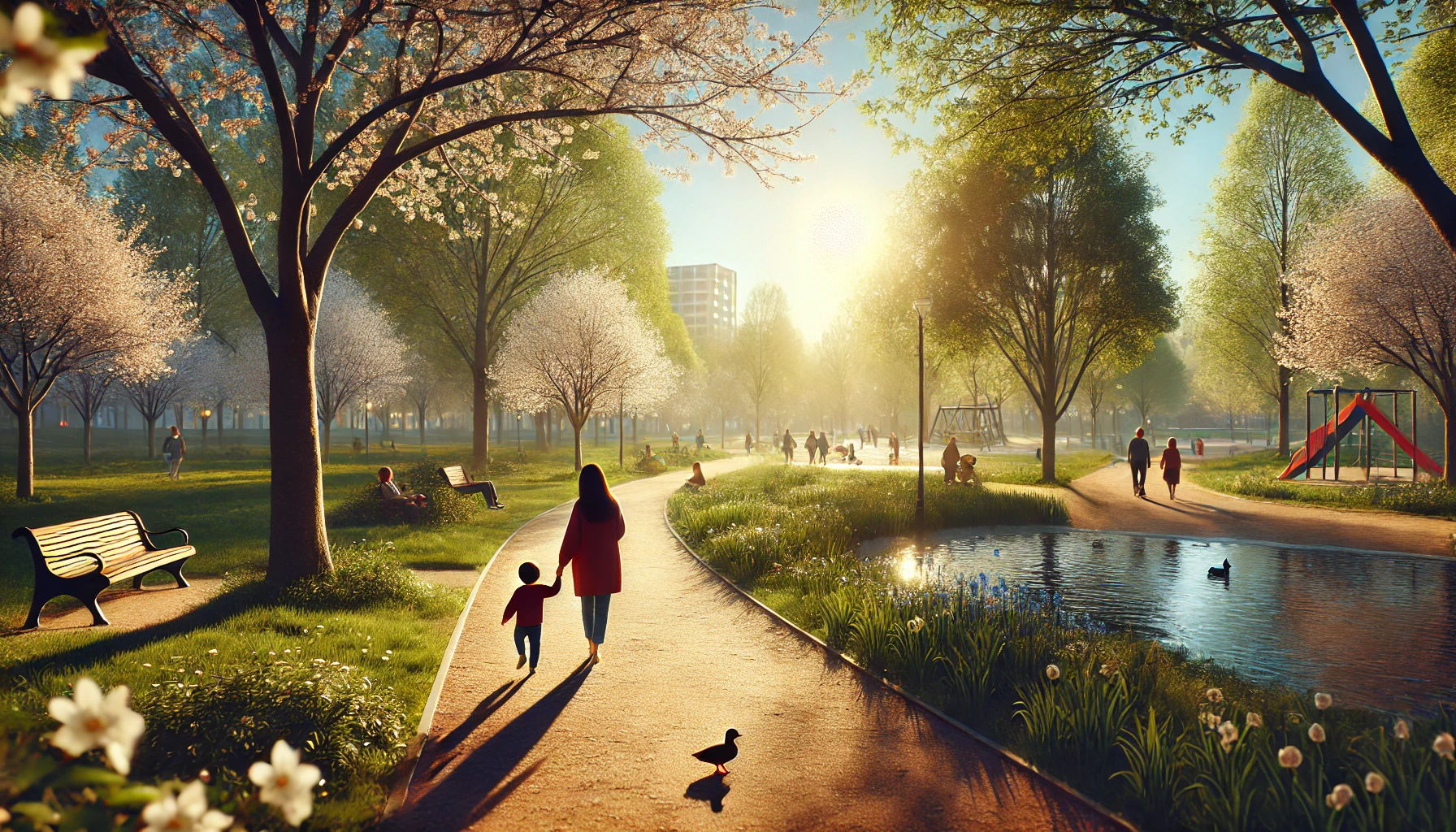 A peaceful park during springtime, with a mother walking hand-in-hand with her young child on a sunlit path.