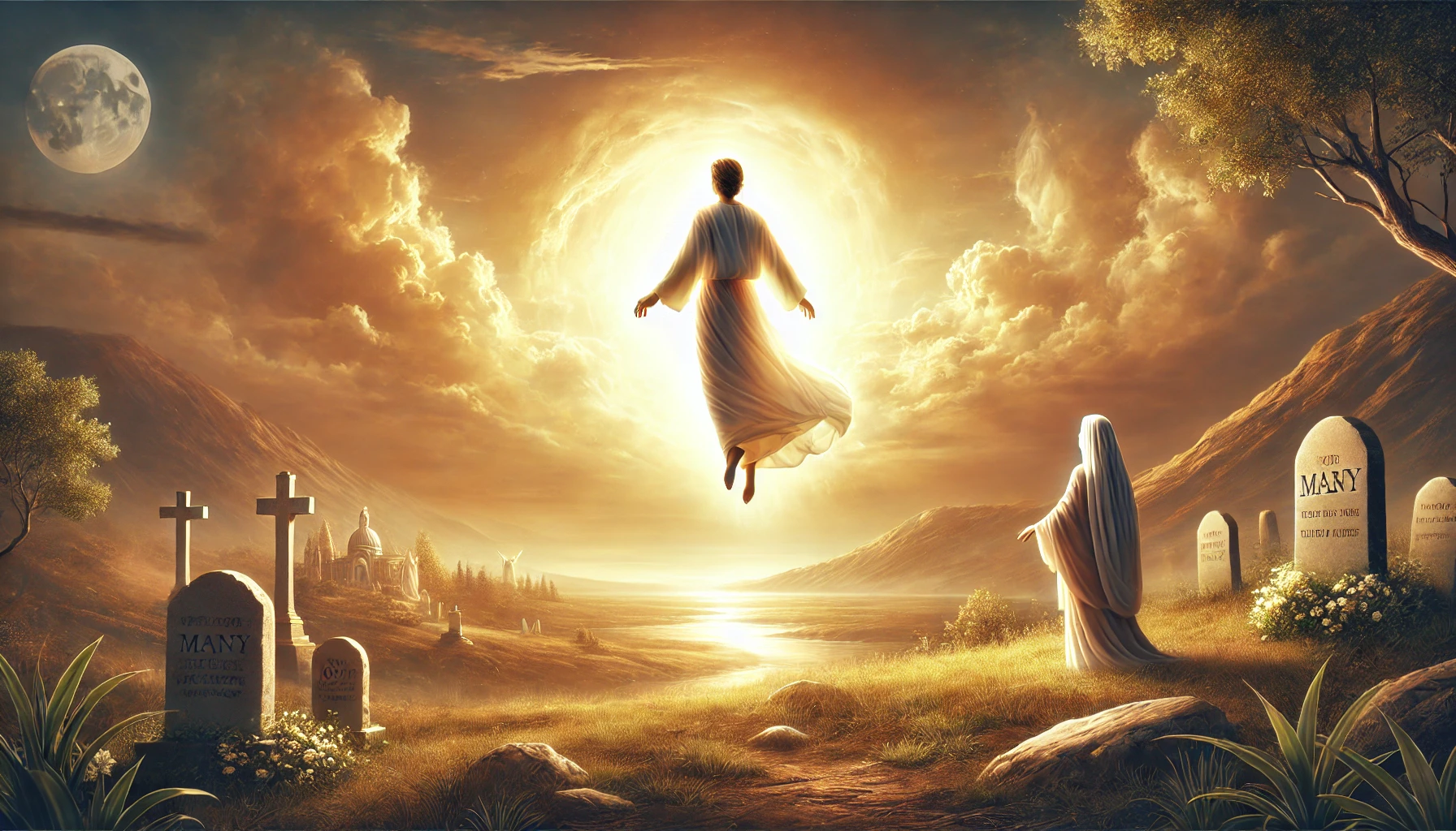 A peaceful, photorealistic scene of a Christian soul ascending towards a radiant light, symbolizing the presence of God. The setting is serene, with a