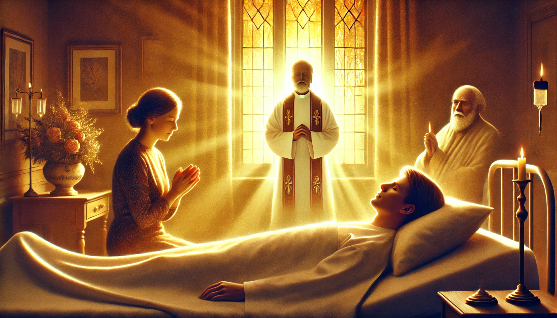 A peaceful, photorealistic scene of a dying person lying in bed, surrounded by soft golden light. A loved one holds their hand, while a priest or spir