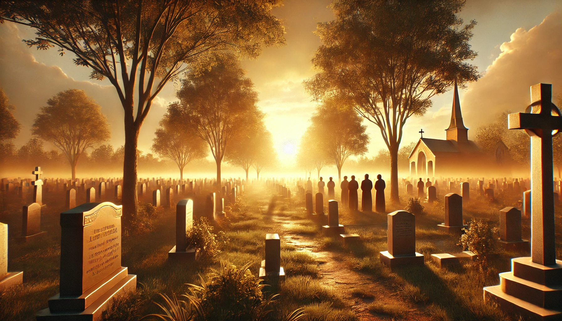 A peaceful, photorealistic scene of a serene sunset over a quiet cemetery. A soft golden light bathes the headstones as a gentle breeze moves through 